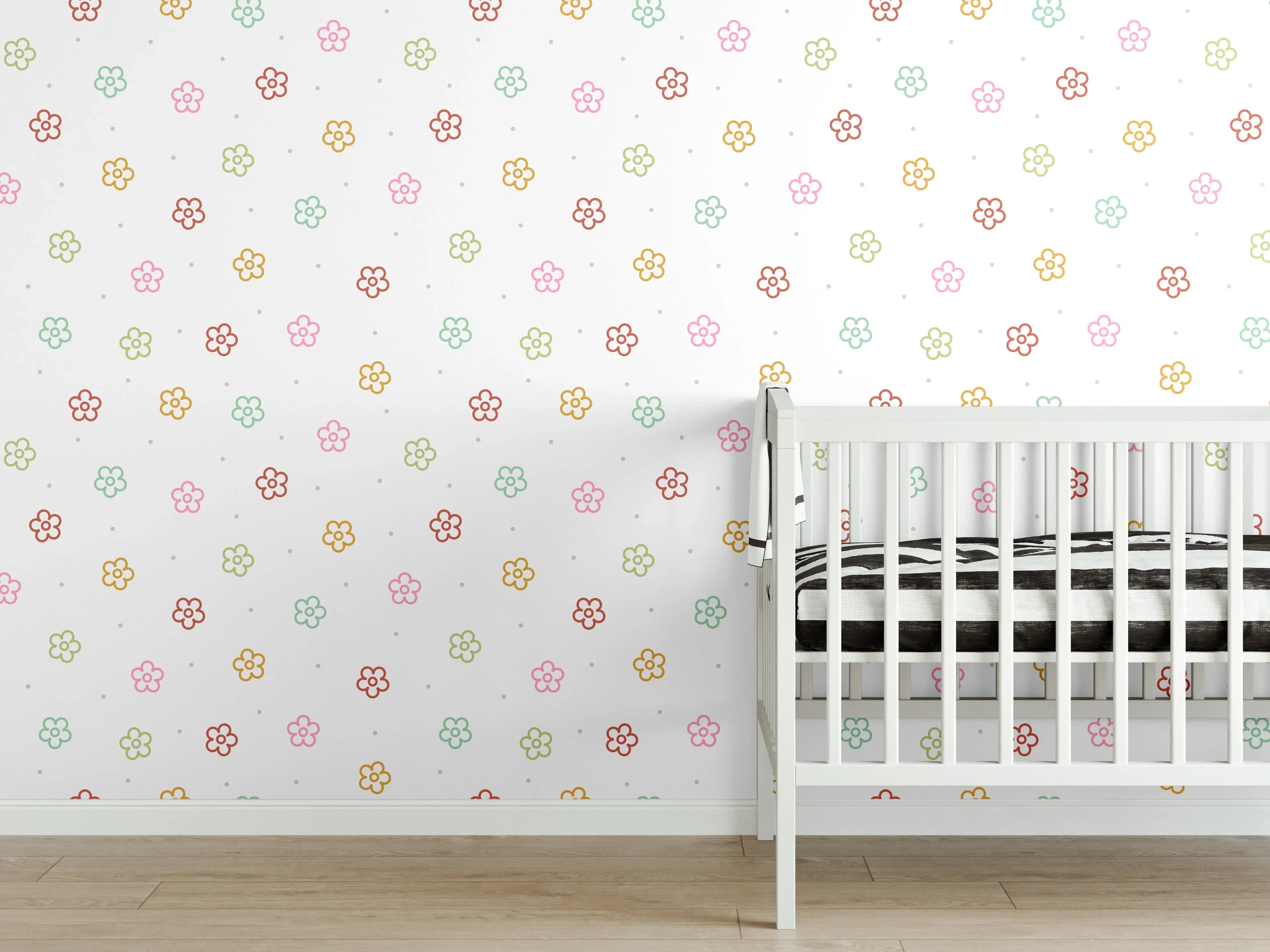 Babyzimmer Wandgestaltung - Zarte Graublumen auf weißem Grund