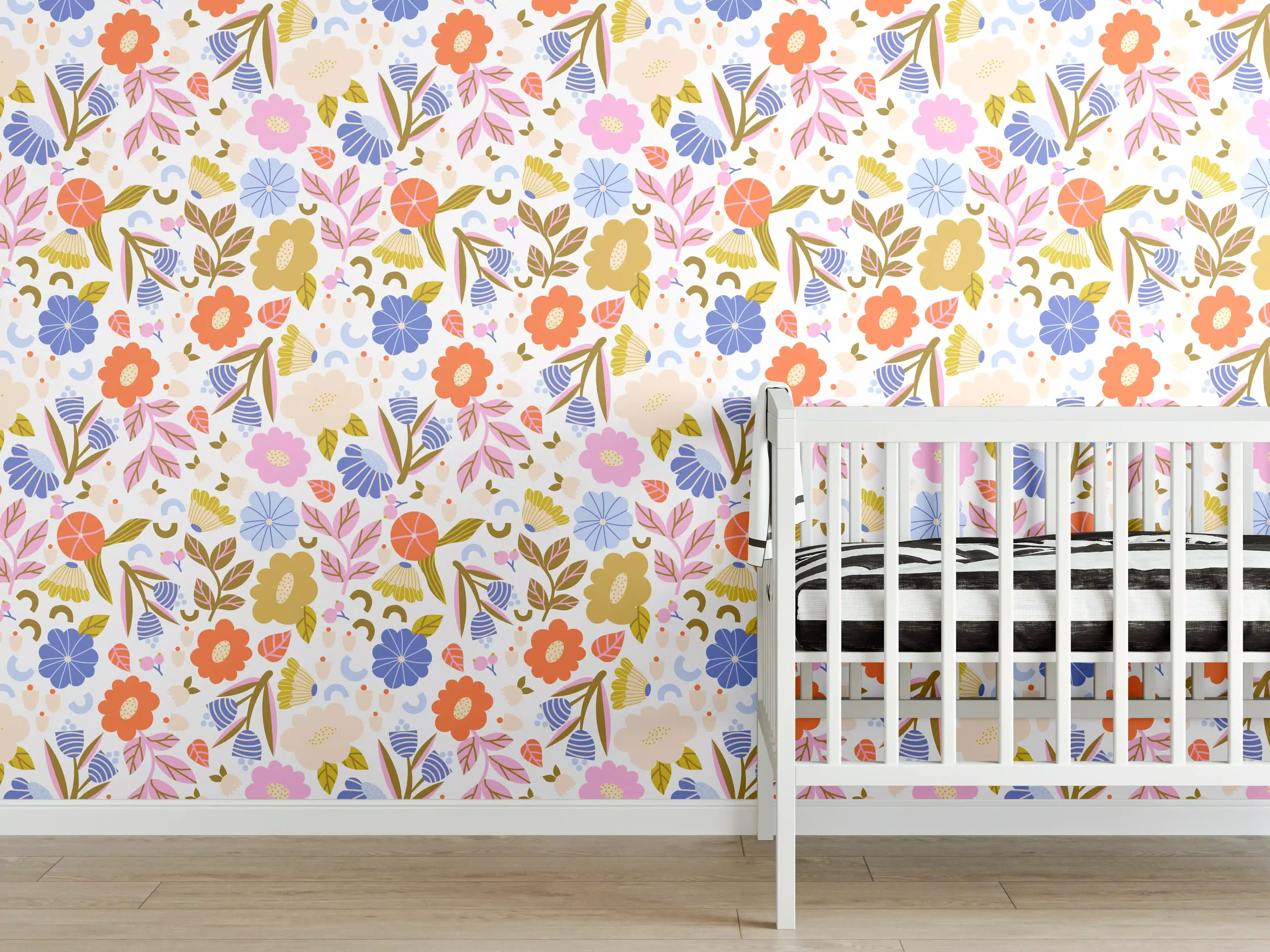 Babyzimmer Wandgestaltung - Zarte Graublumen in Pastellfarben