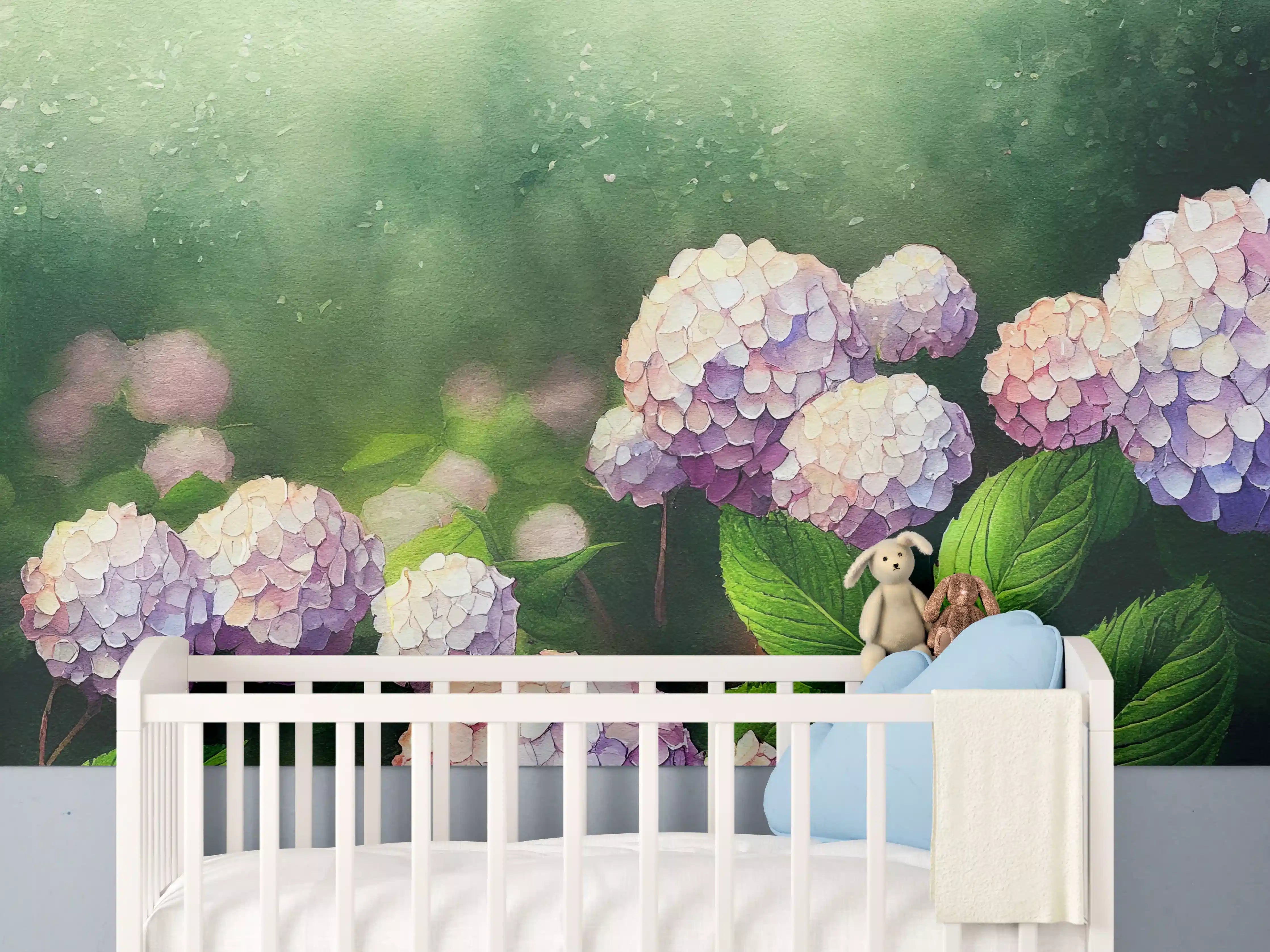 Babyzimmer Wandgestaltung - Zarte Hortensienblüten in Pastellfarben
