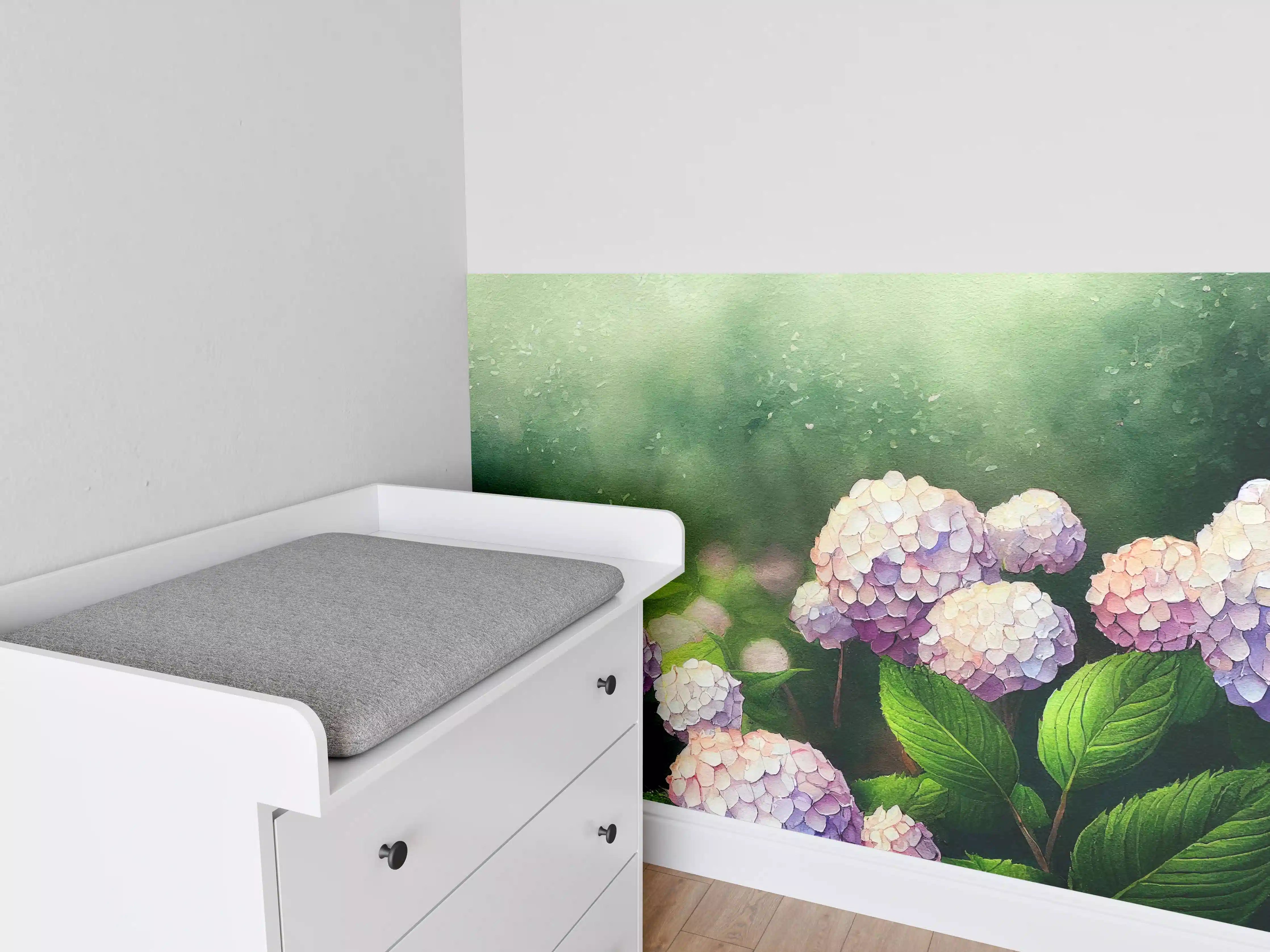 Babyzimmer Wandgestaltung - Zarte Hortensienblüten in Pastellfarben