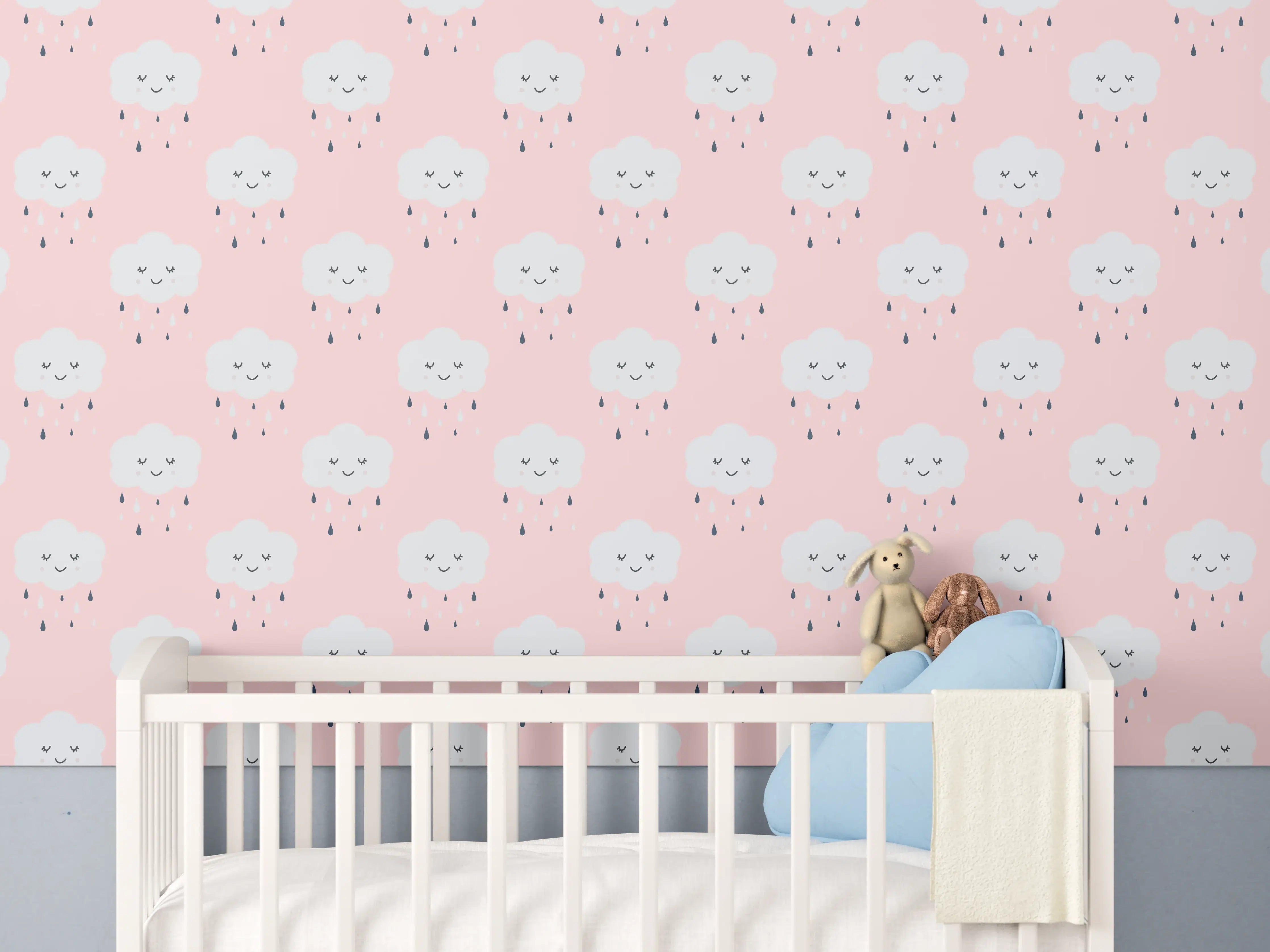 Babyzimmer Wandgestaltung - Zarte Katzenmotive auf hellem Hintergrund