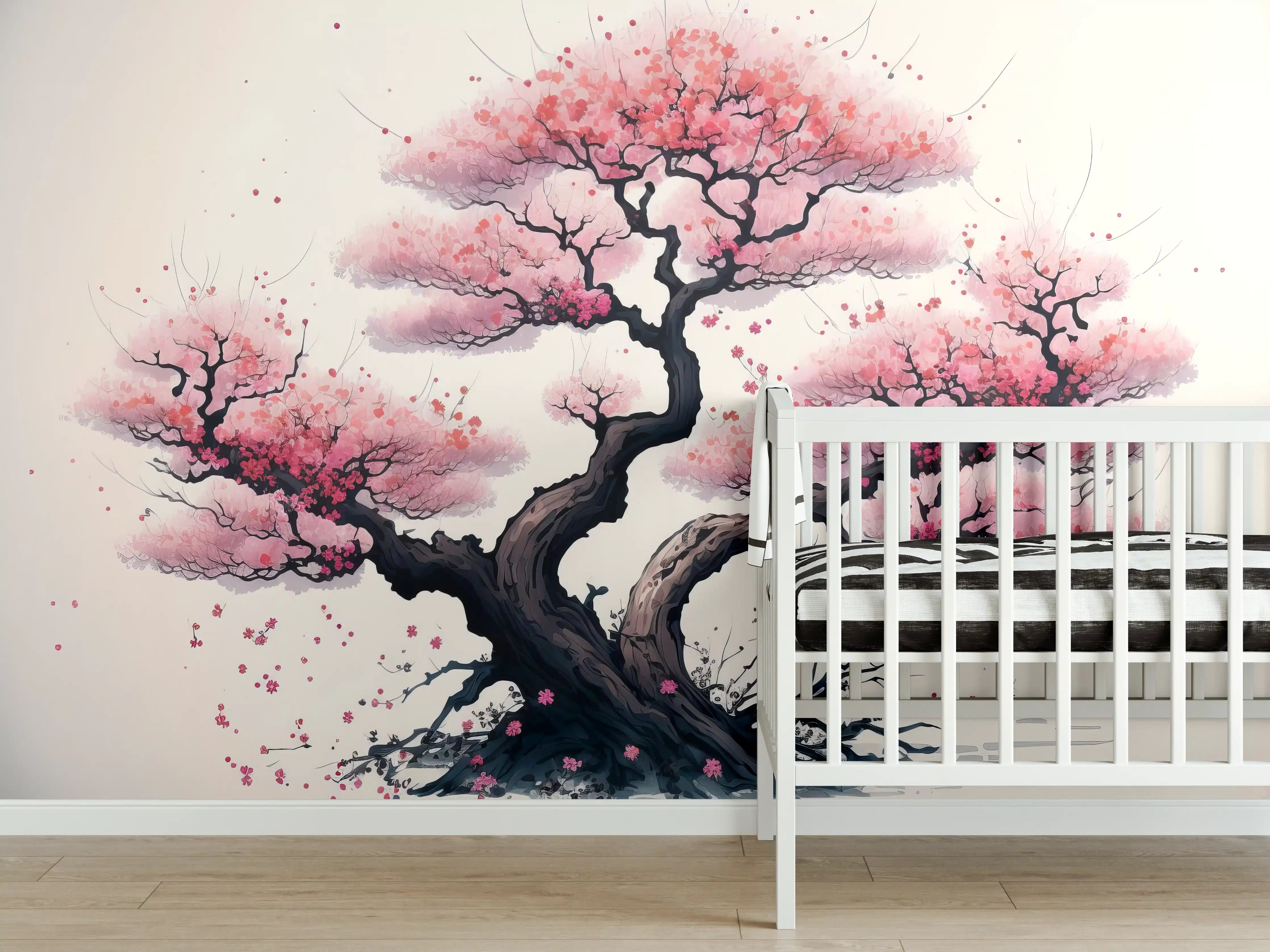 Babyzimmer Wandgestaltung - Zarte Kirschblüten in Grauweiß: Aquarellmalerei