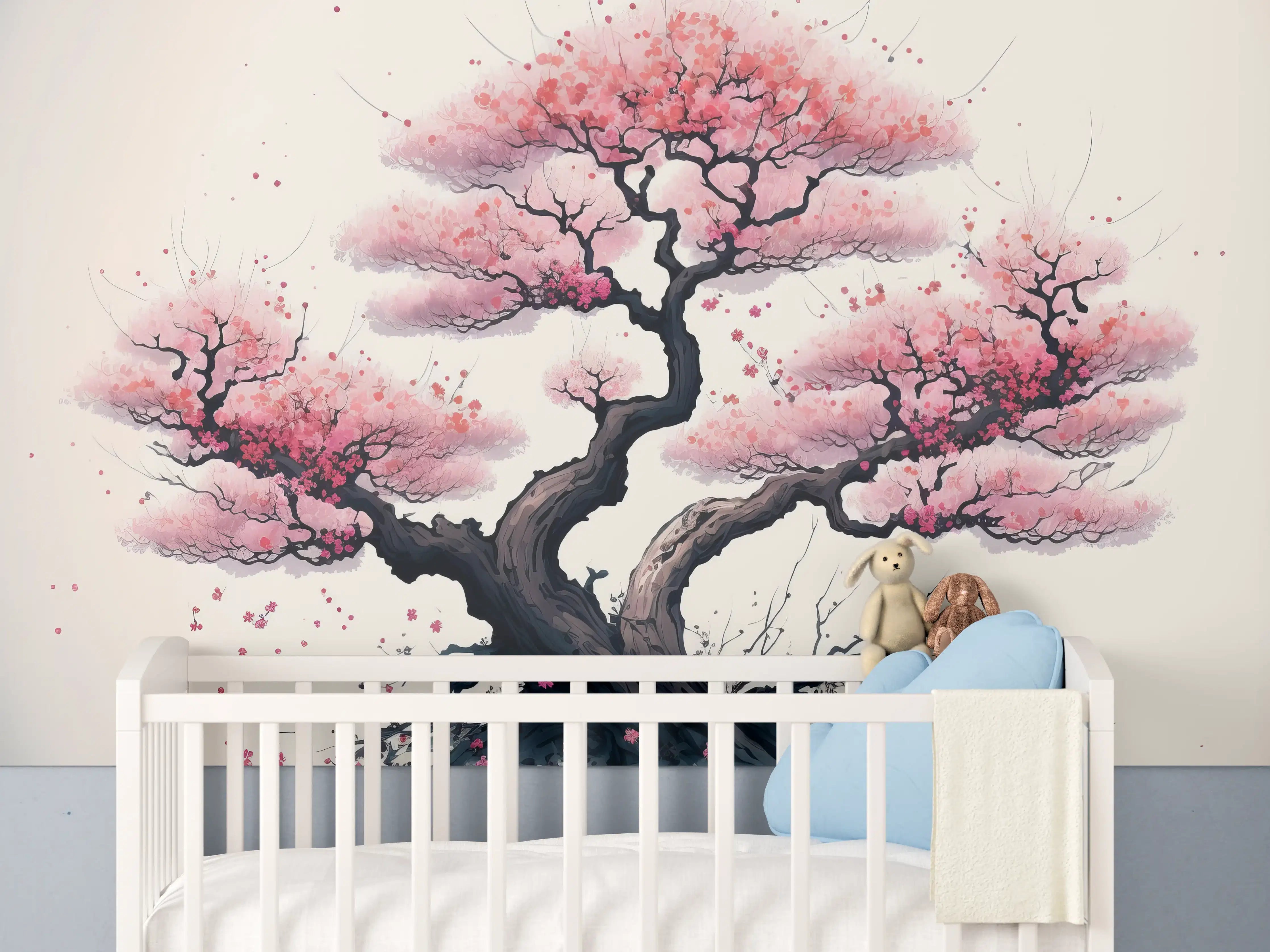 Babyzimmer Wandgestaltung - Zarte Kirschblüten in Grauweiß: Aquarellmalerei