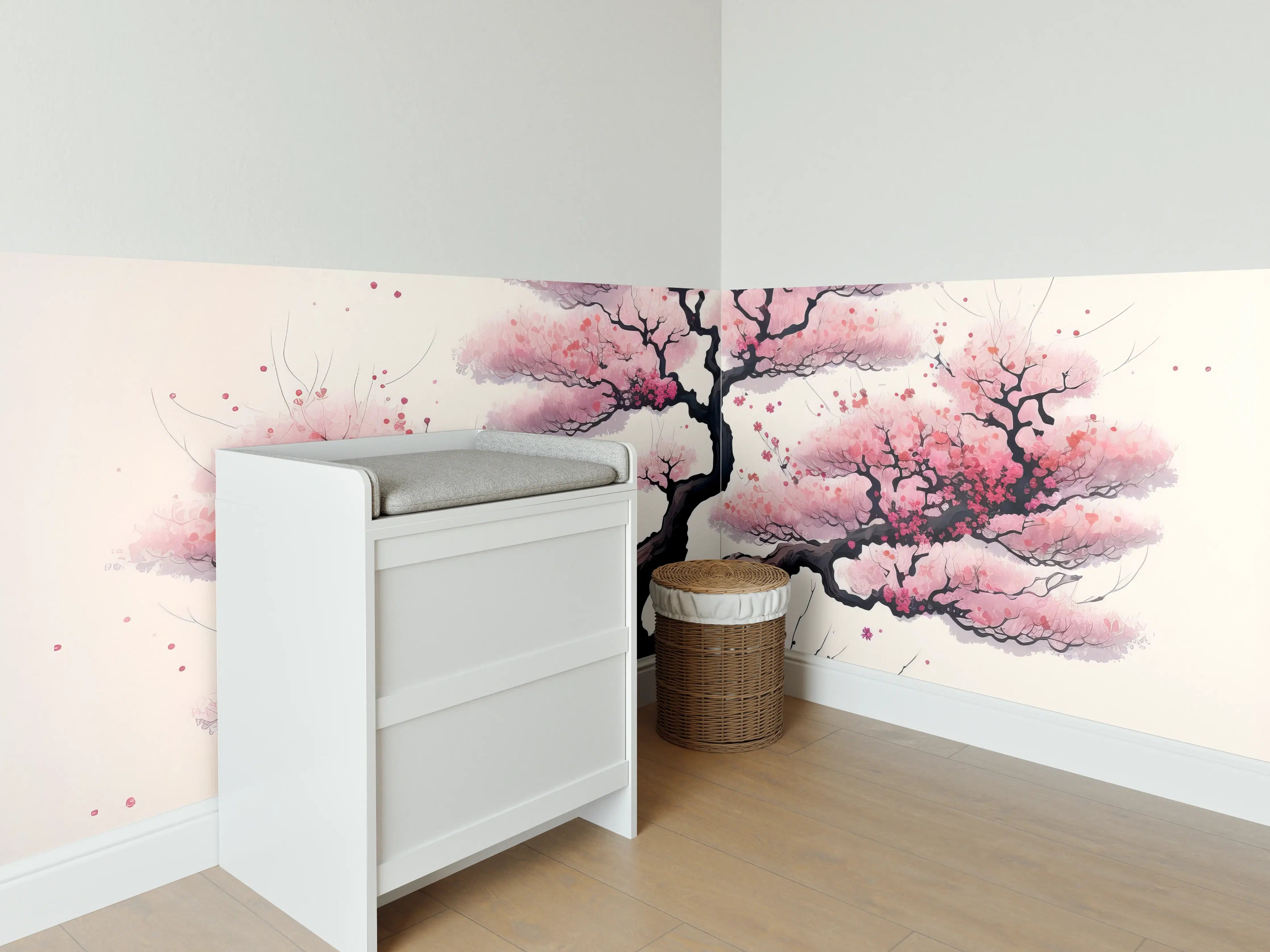 Babyzimmer Wandgestaltung - Zarte Kirschblüten in Grauweiß: Aquarellmalerei
