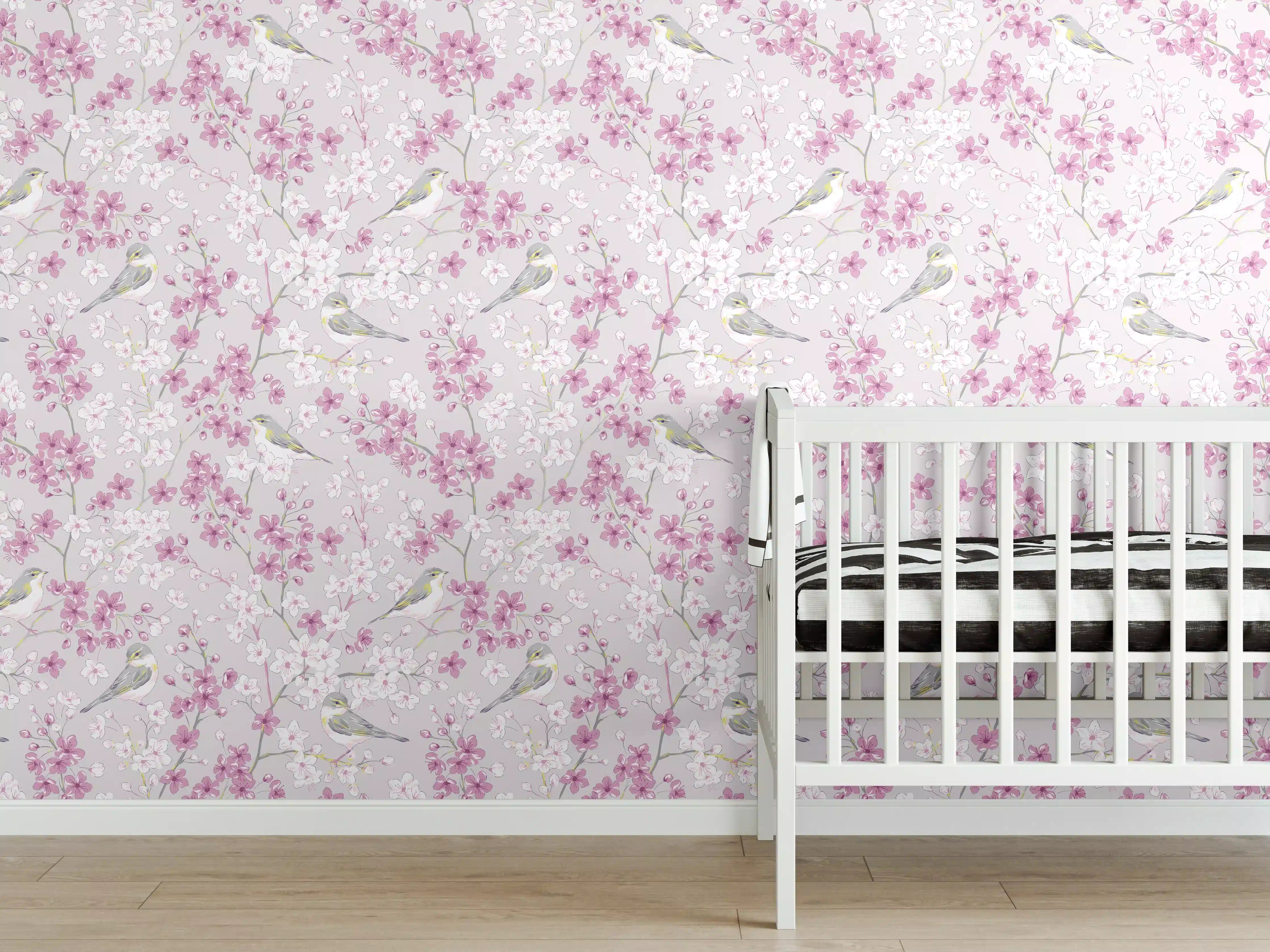 Babyzimmer Wandgestaltung - Zarte Kirschblüten mit Krähen