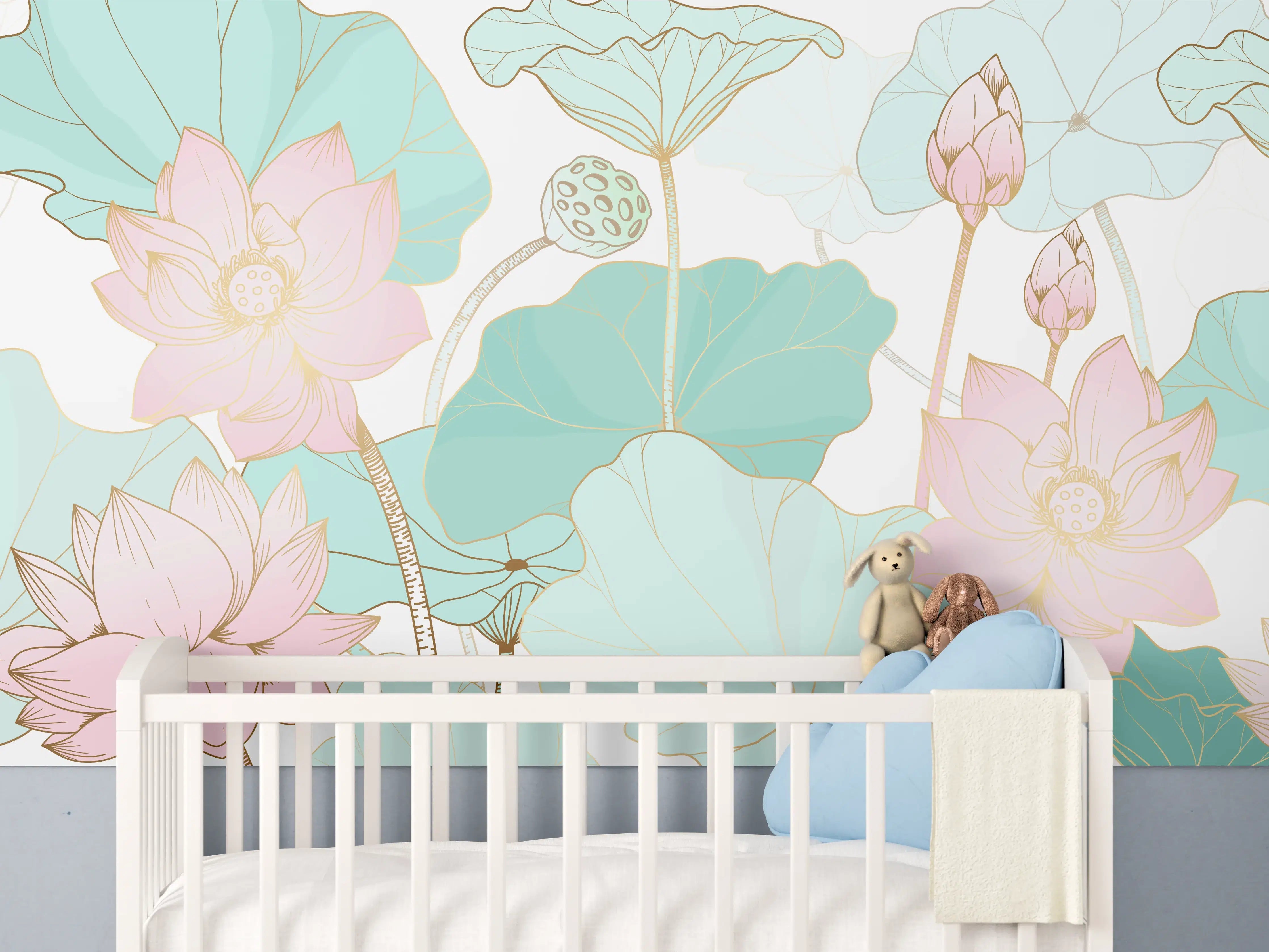 Babyzimmer Wandgestaltung - Zarte Lotusblüten Pastellfarben