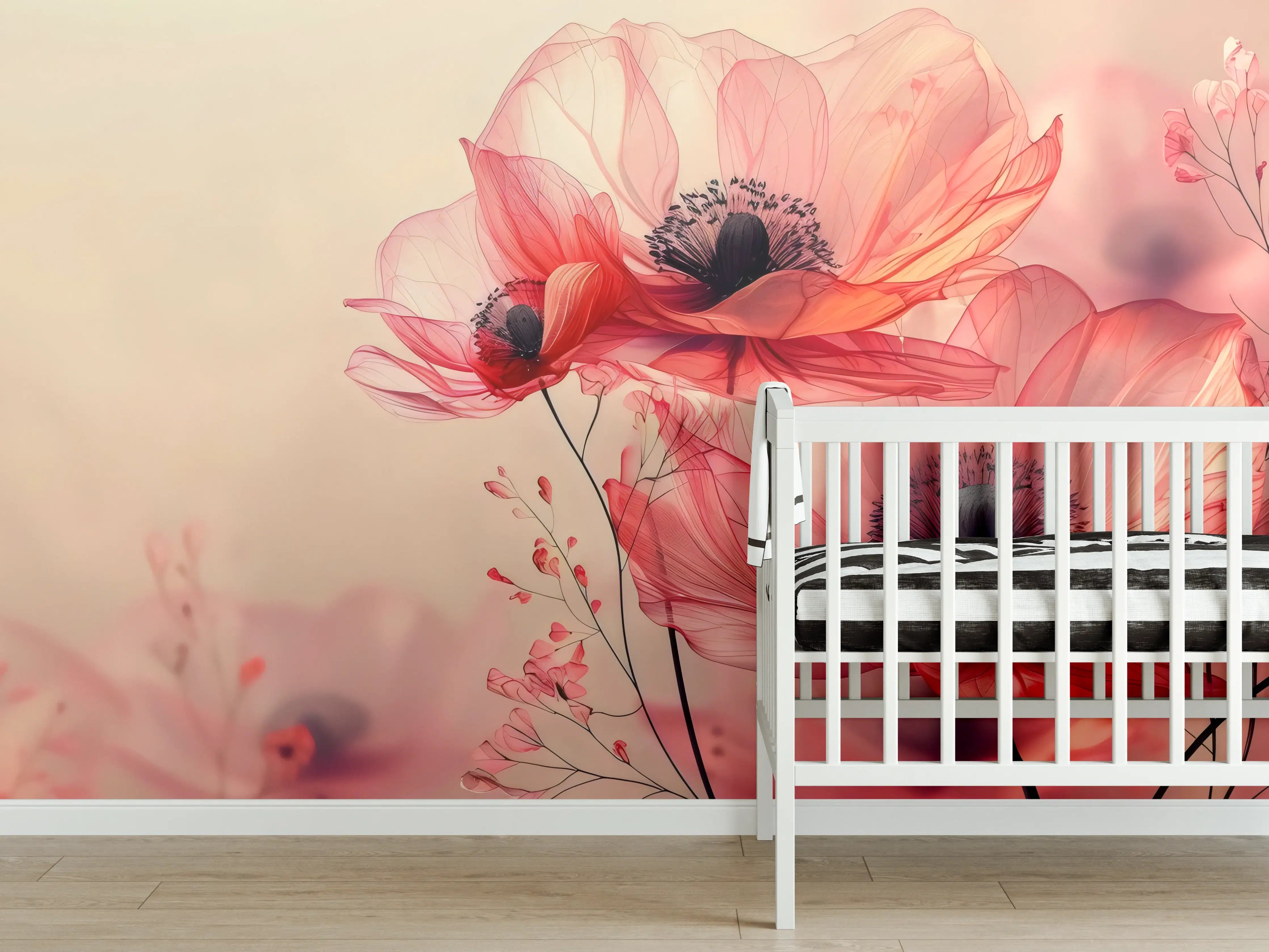 Babyzimmer Wandgestaltung - Zarte Mohnblüten in Rosa