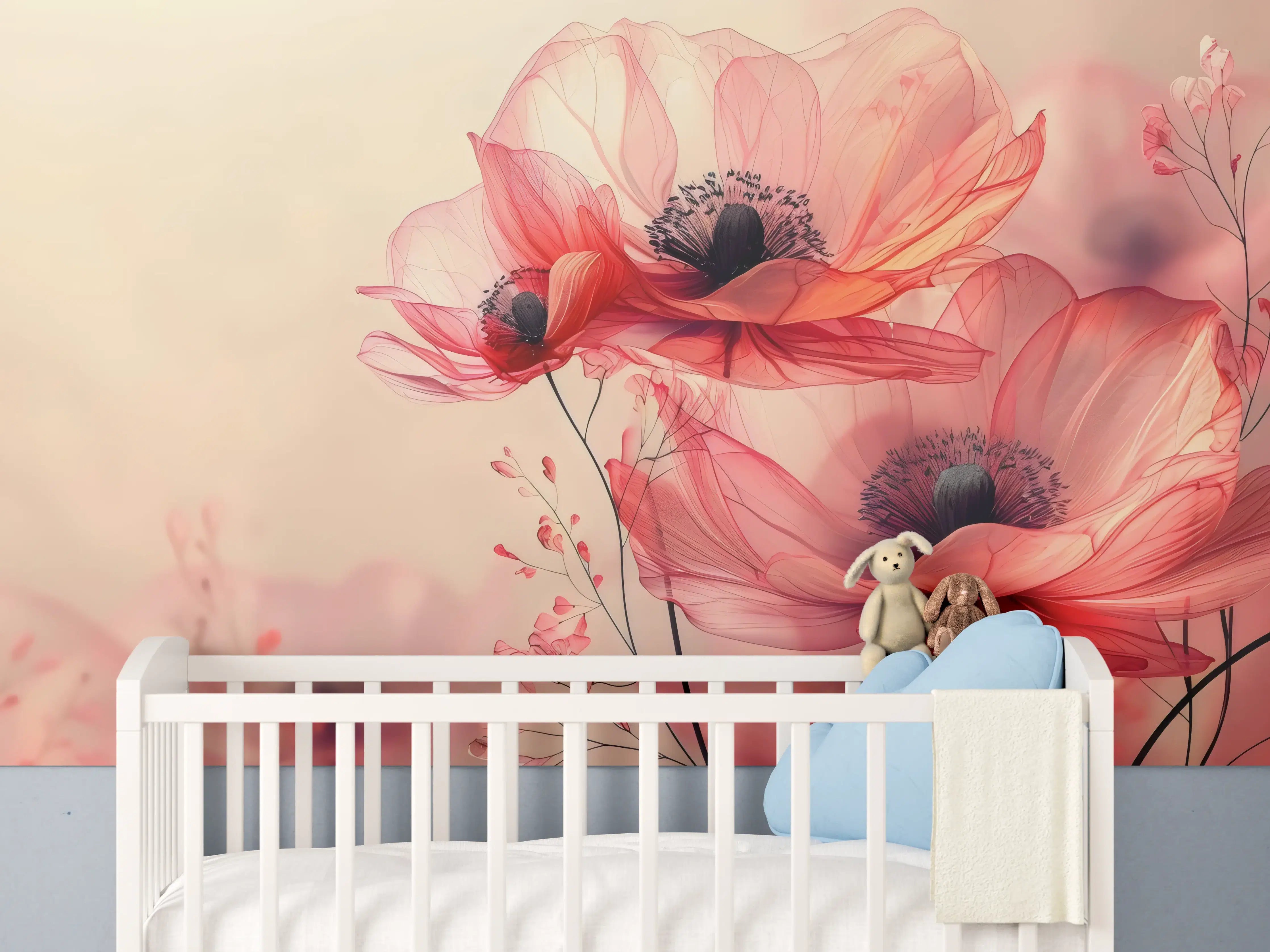 Babyzimmer Wandgestaltung - Zarte Mohnblüten in Rosa