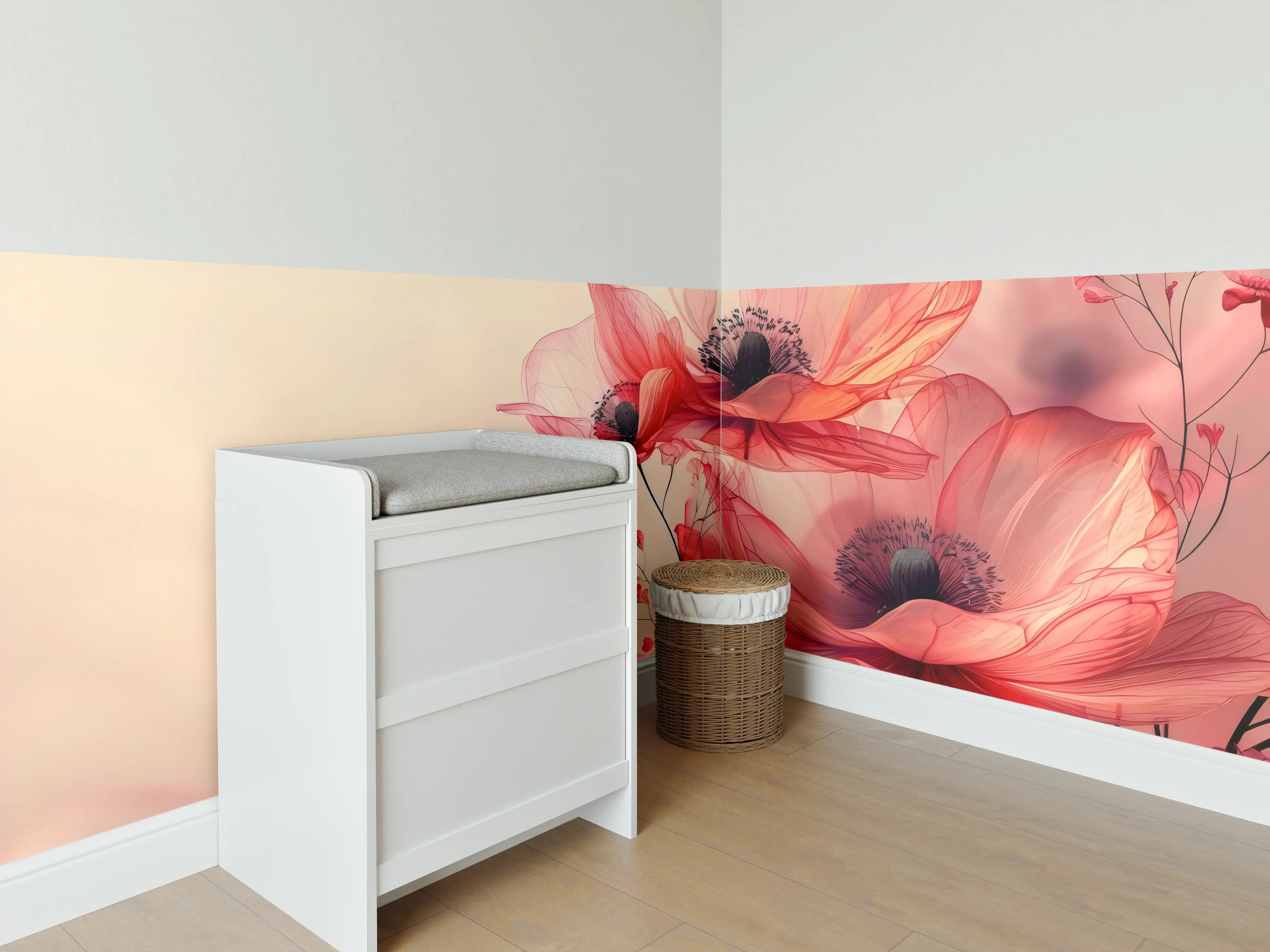 Babyzimmer Wandgestaltung - Zarte Mohnblüten in Rosa