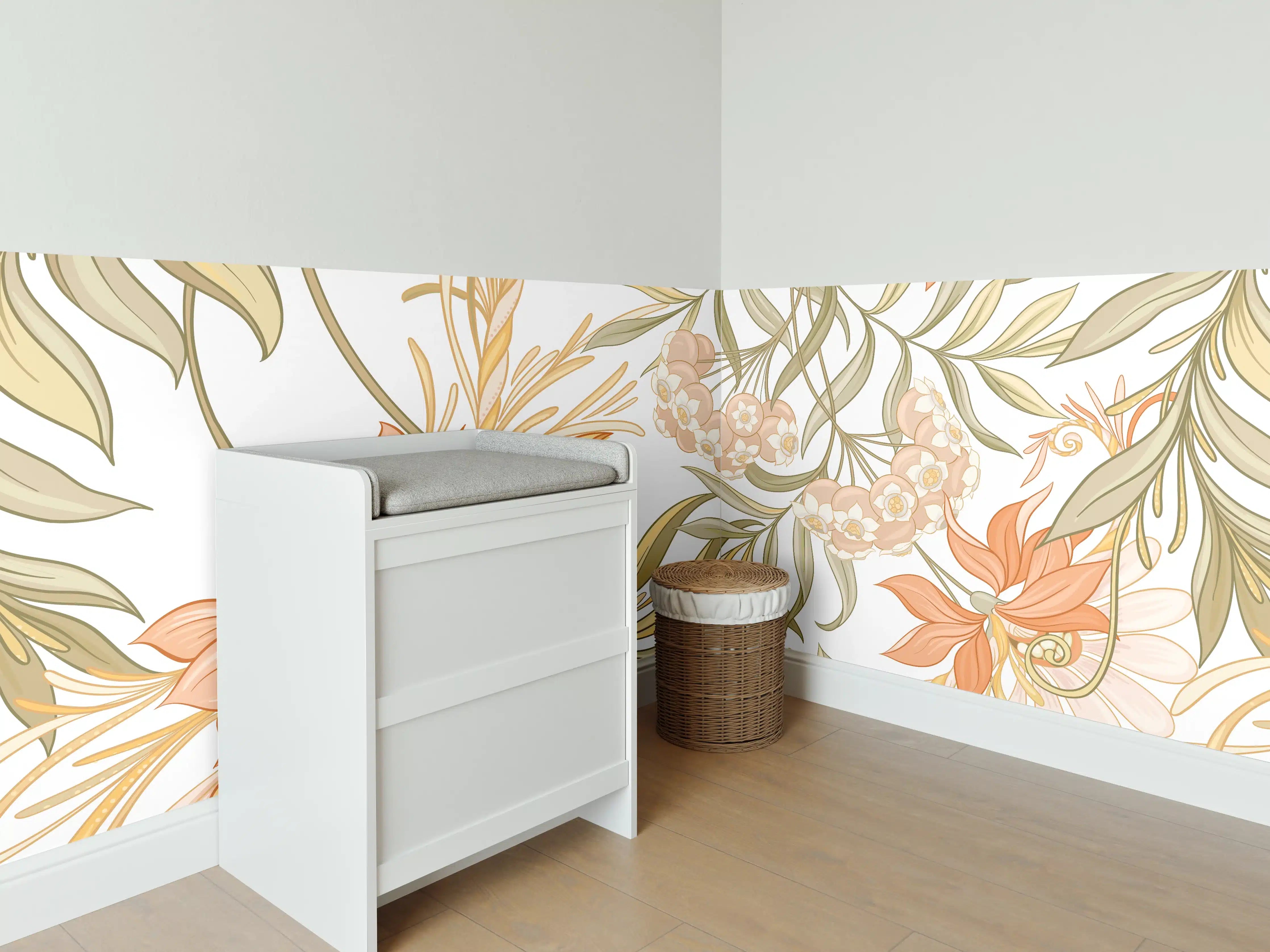 Babyzimmer Wandgestaltung - Zarte Pastellblüten mit dezenten Grautönen