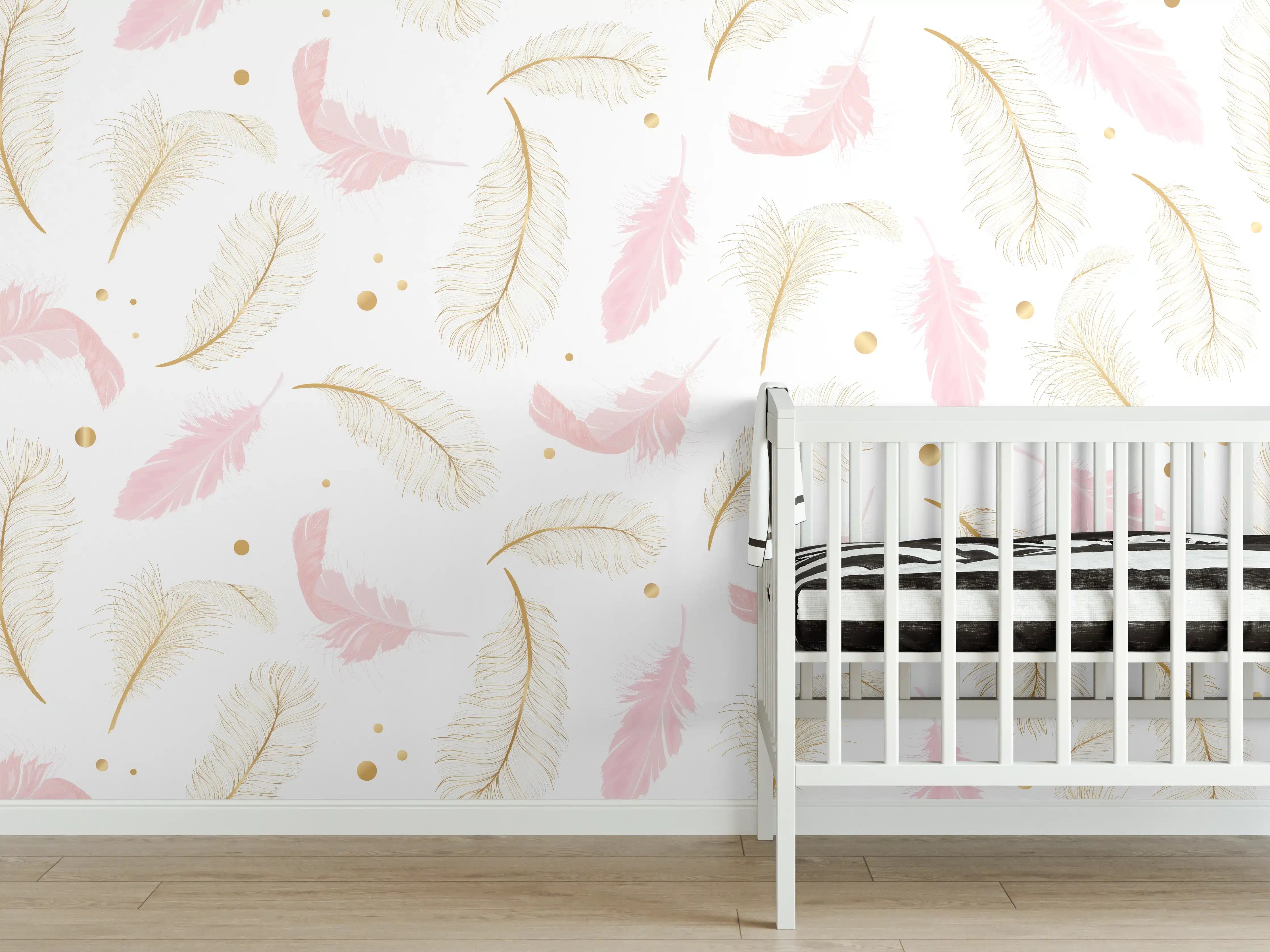 Babyzimmer Wandgestaltung - Zarte Rosa-Gold Feder-Muster