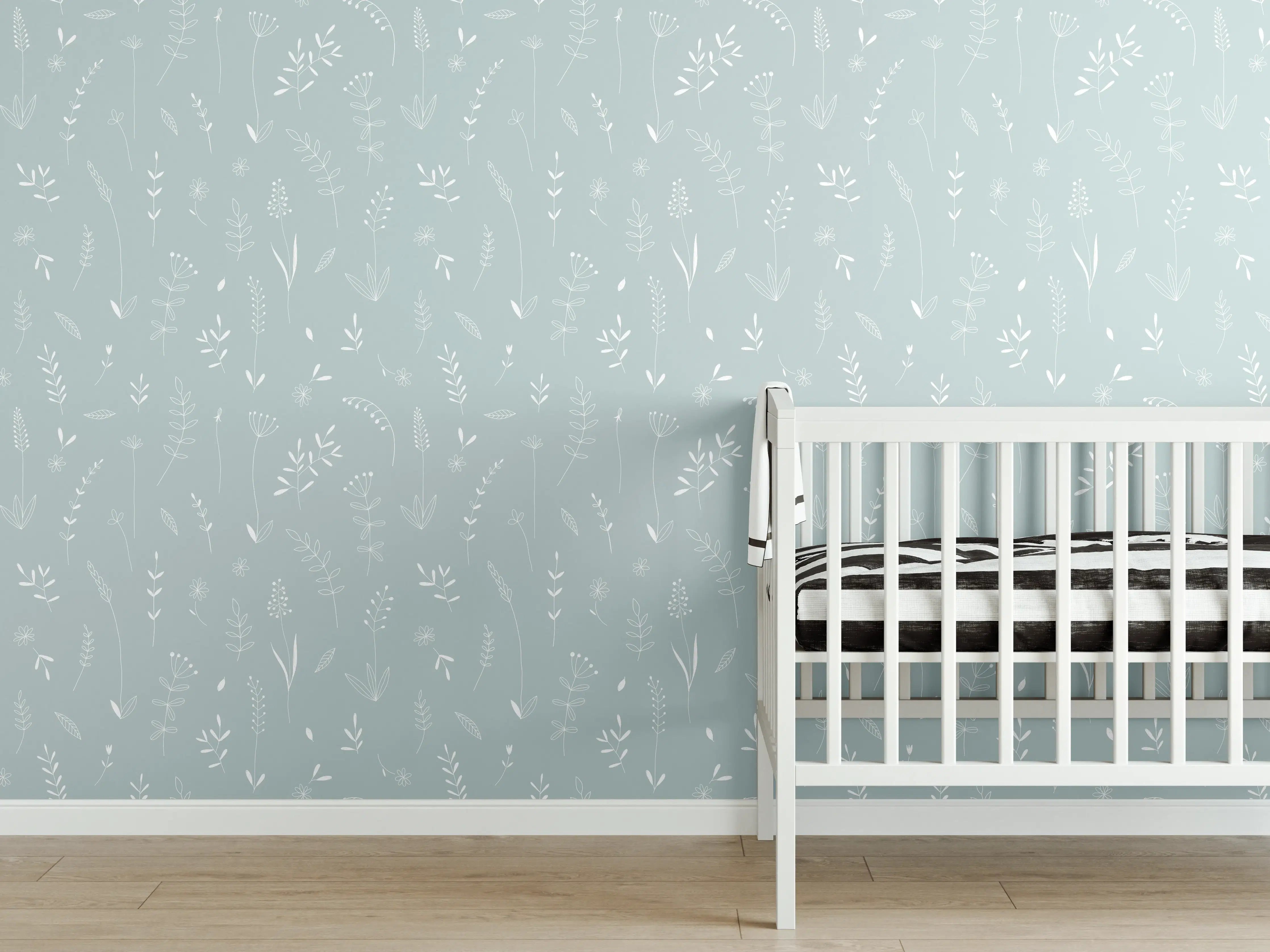 Babyzimmer Wandgestaltung - Zarte mintfarbene Blumenmuster Wandgestaltung