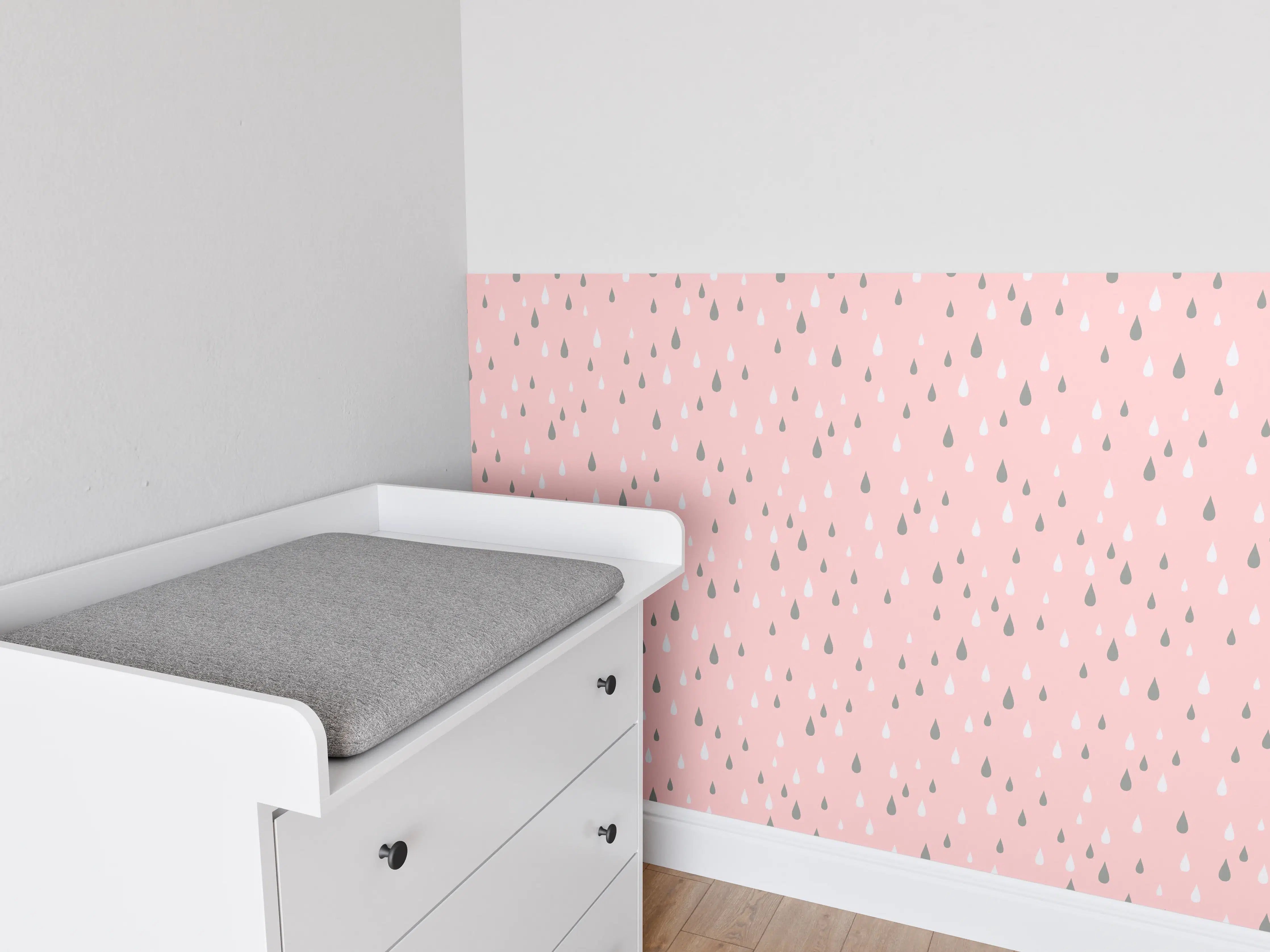 Babyzimmer Wandgestaltung - Zarte rosa Regentropfen mit grauen Akzenten