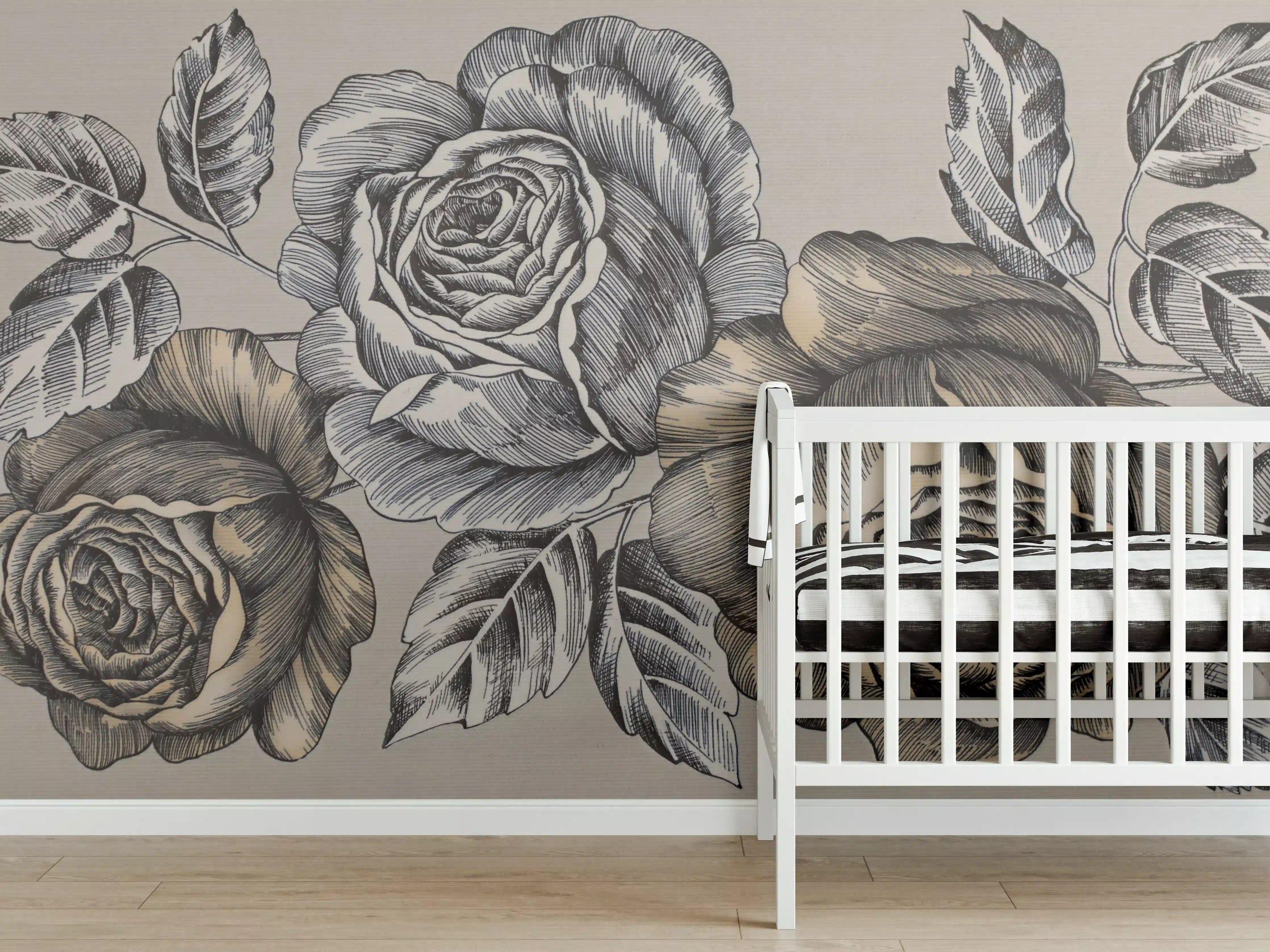 Babyzimmer Wandgestaltung - Zeichnung Monochrome Rosen