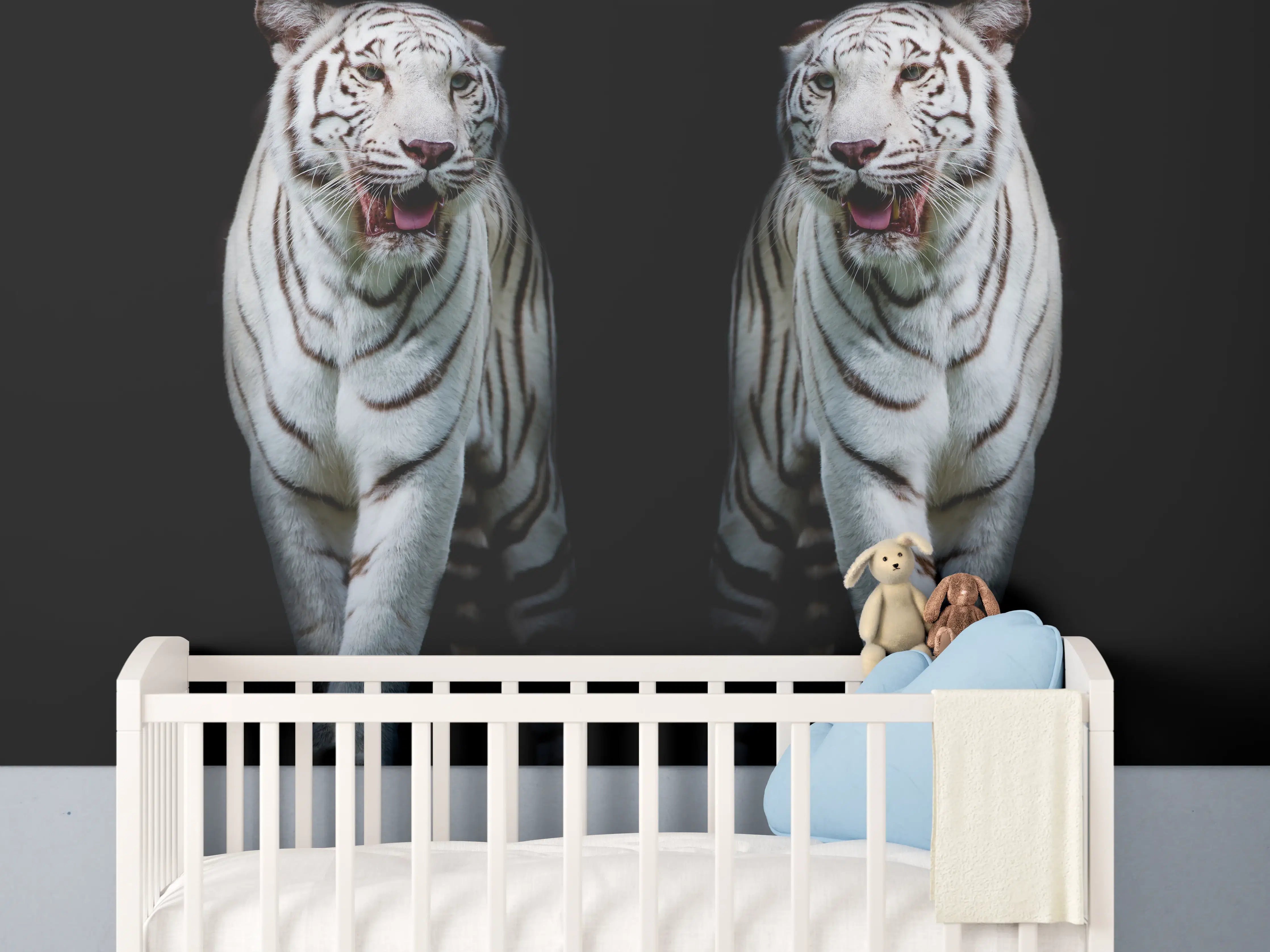Babyzimmer Wandgestaltung - Zwei weiße Tiger auf schwarzem Hintergrund