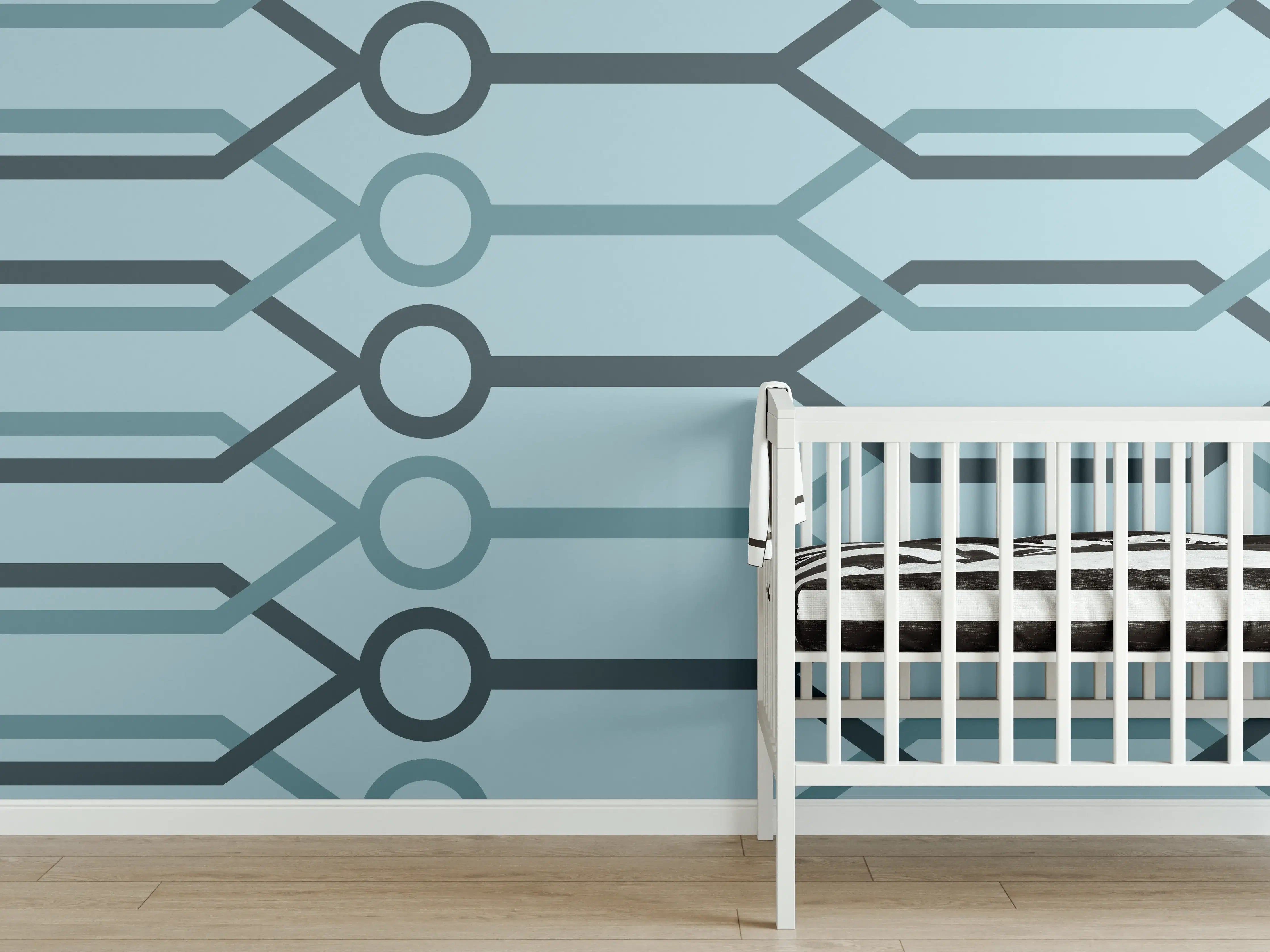 Babyzimmer Wandgestaltung - "Abstraktes Muster in Blau und Grau auf weißem Hintergrund"