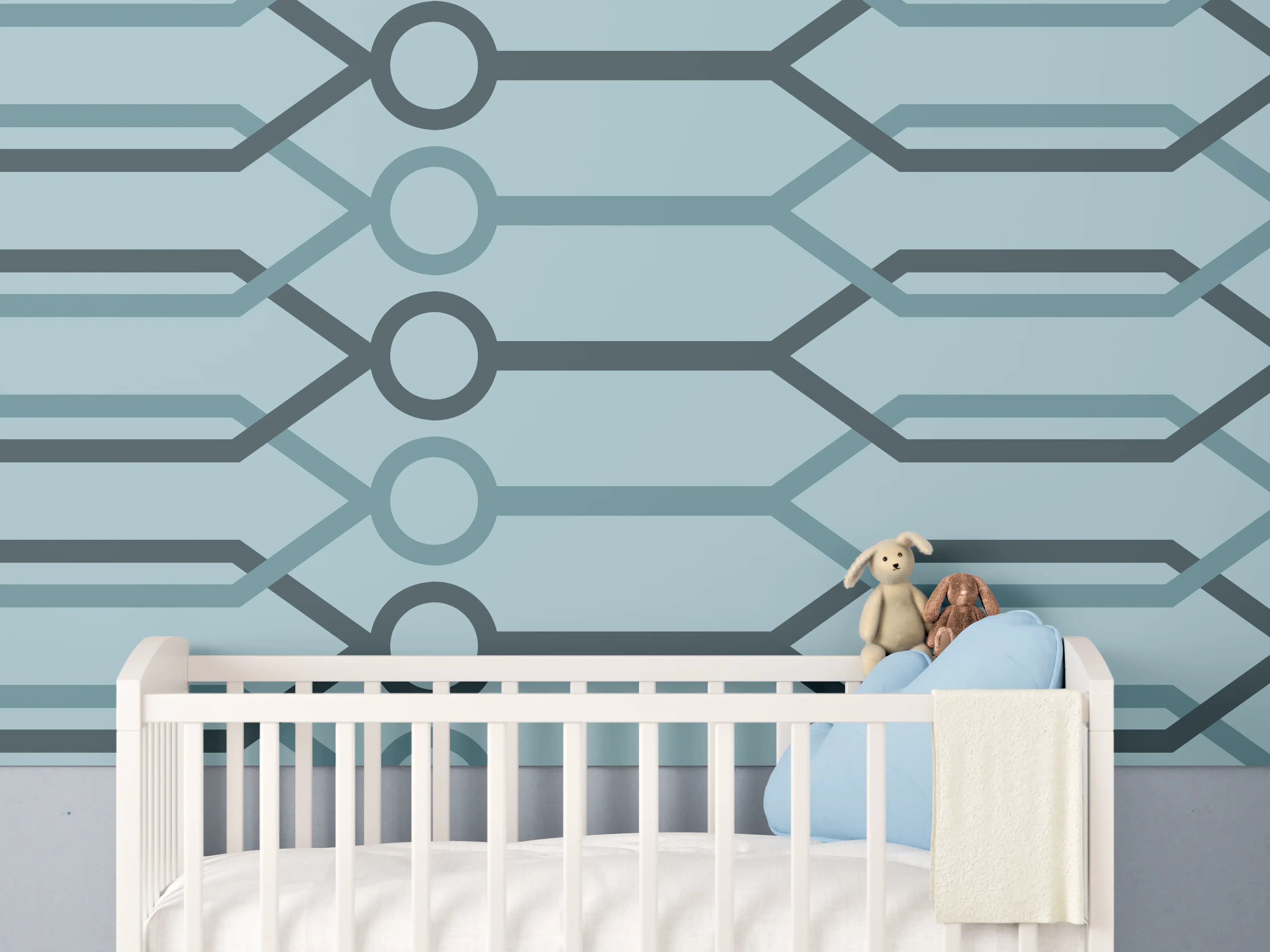 Babyzimmer Wandgestaltung - "Abstraktes Muster in Blau und Grau auf weißem Hintergrund"