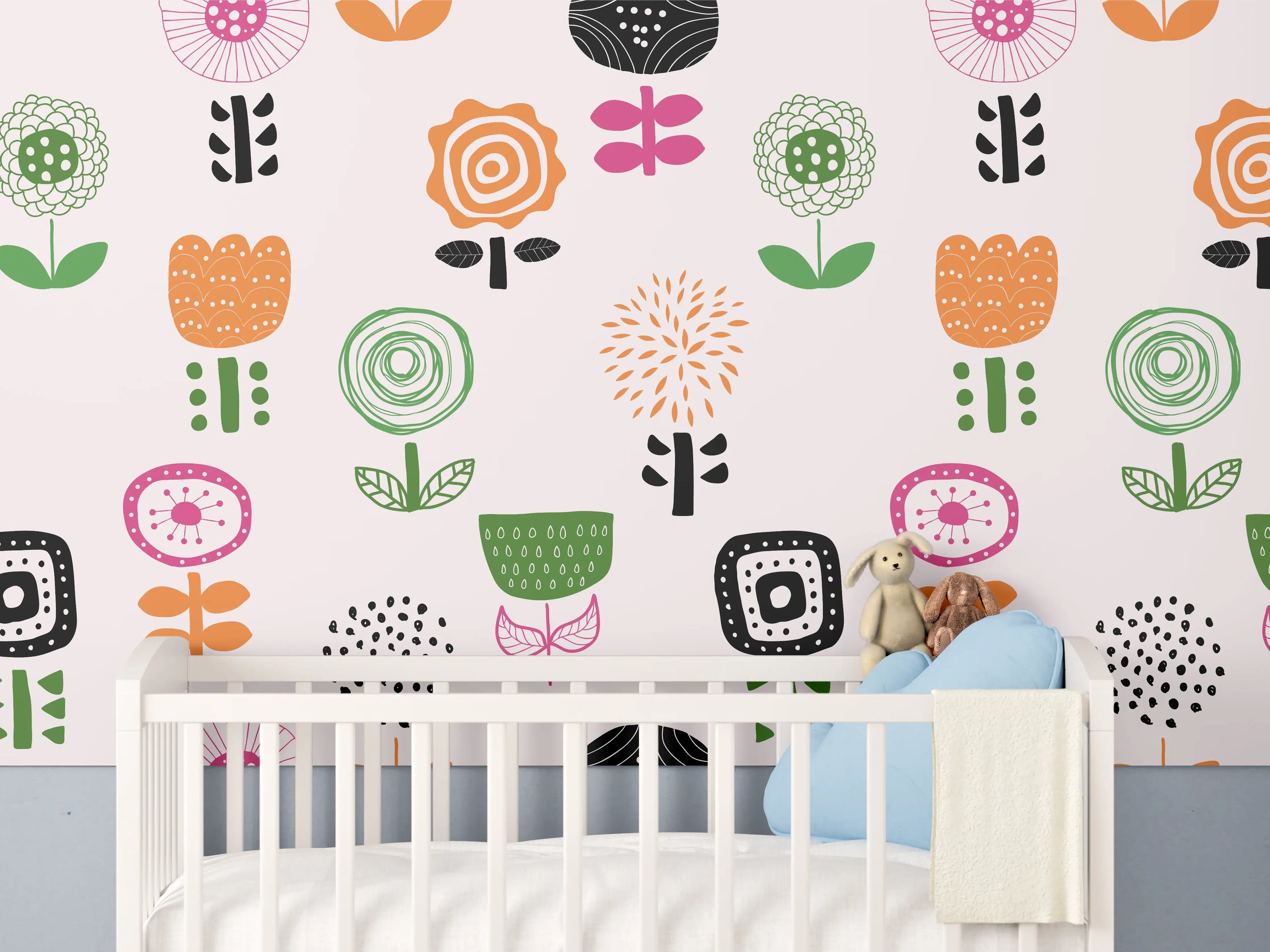 Babyzimmer Wandgestaltung - "Blumige Tapete in Weiß und Grau - Bunte florale Muster für jede Wand"
