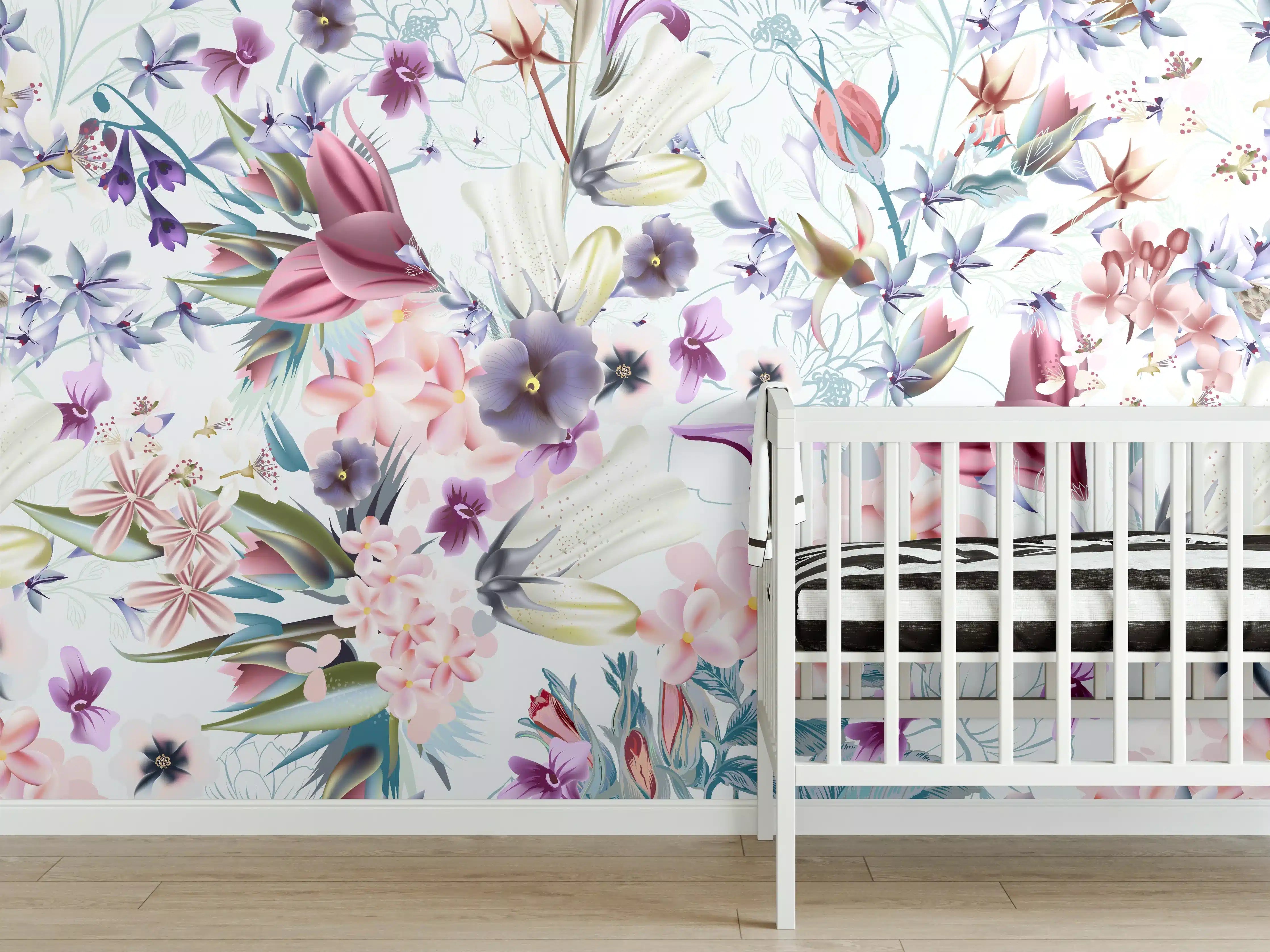 Babyzimmer Wandgestaltung - 'Helle Blumenmuster in Pastellfarben mit zarten Graunuancen'
