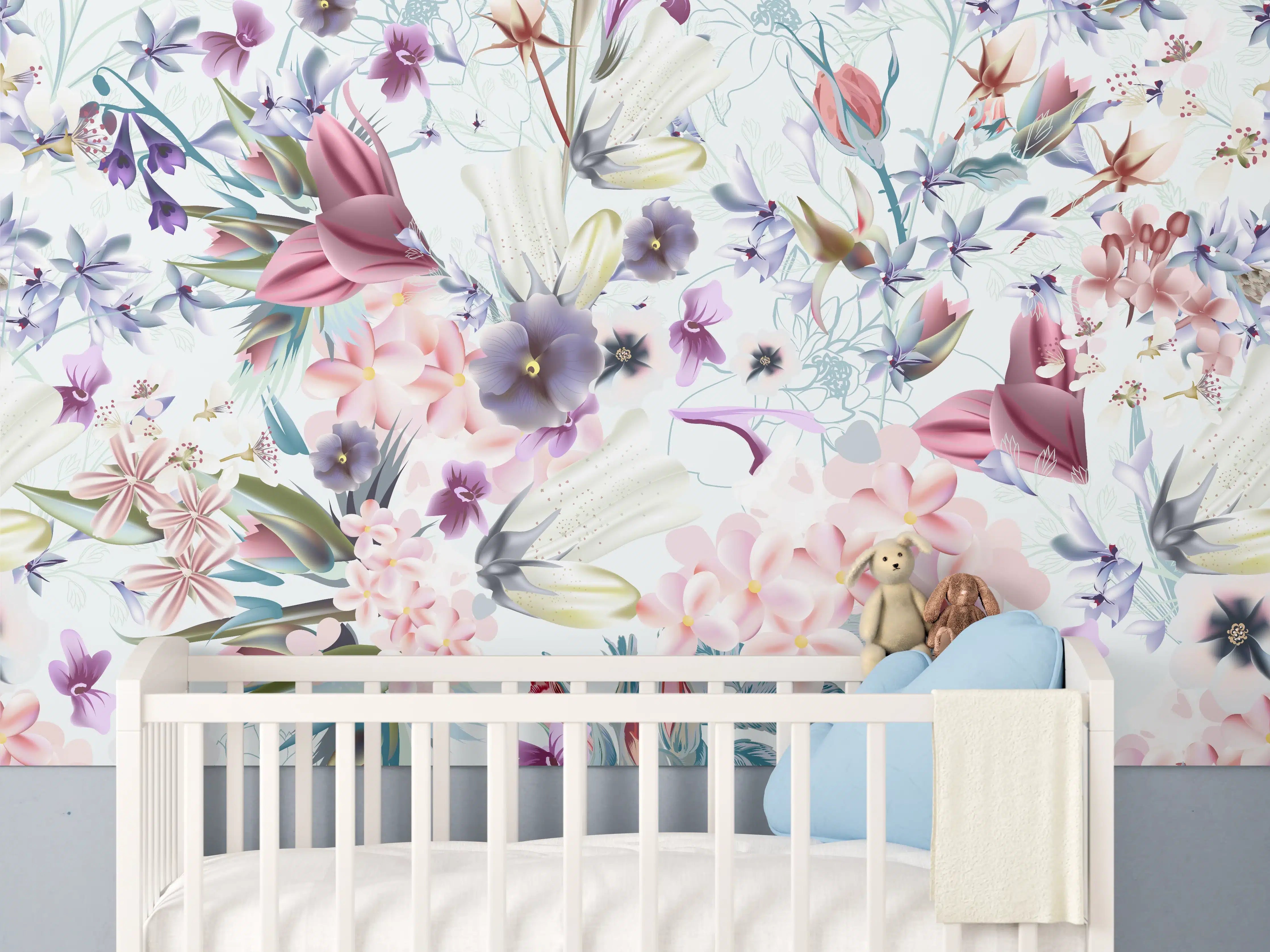 Babyzimmer Wandgestaltung - 'Helle Blumenmuster in Pastellfarben mit zarten Graunuancen'