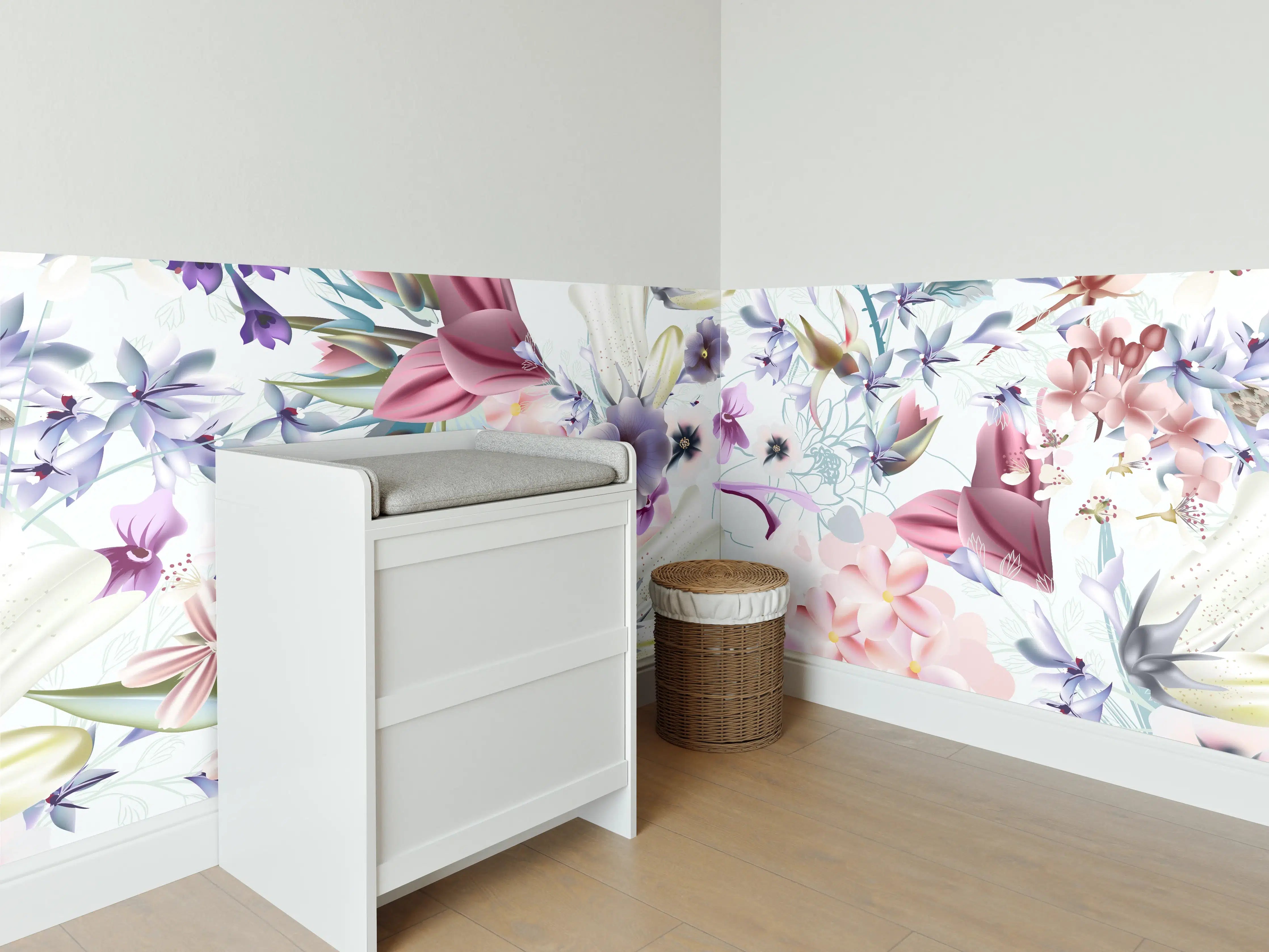 Babyzimmer Wandgestaltung - 'Helle Blumenmuster in Pastellfarben mit zarten Graunuancen'