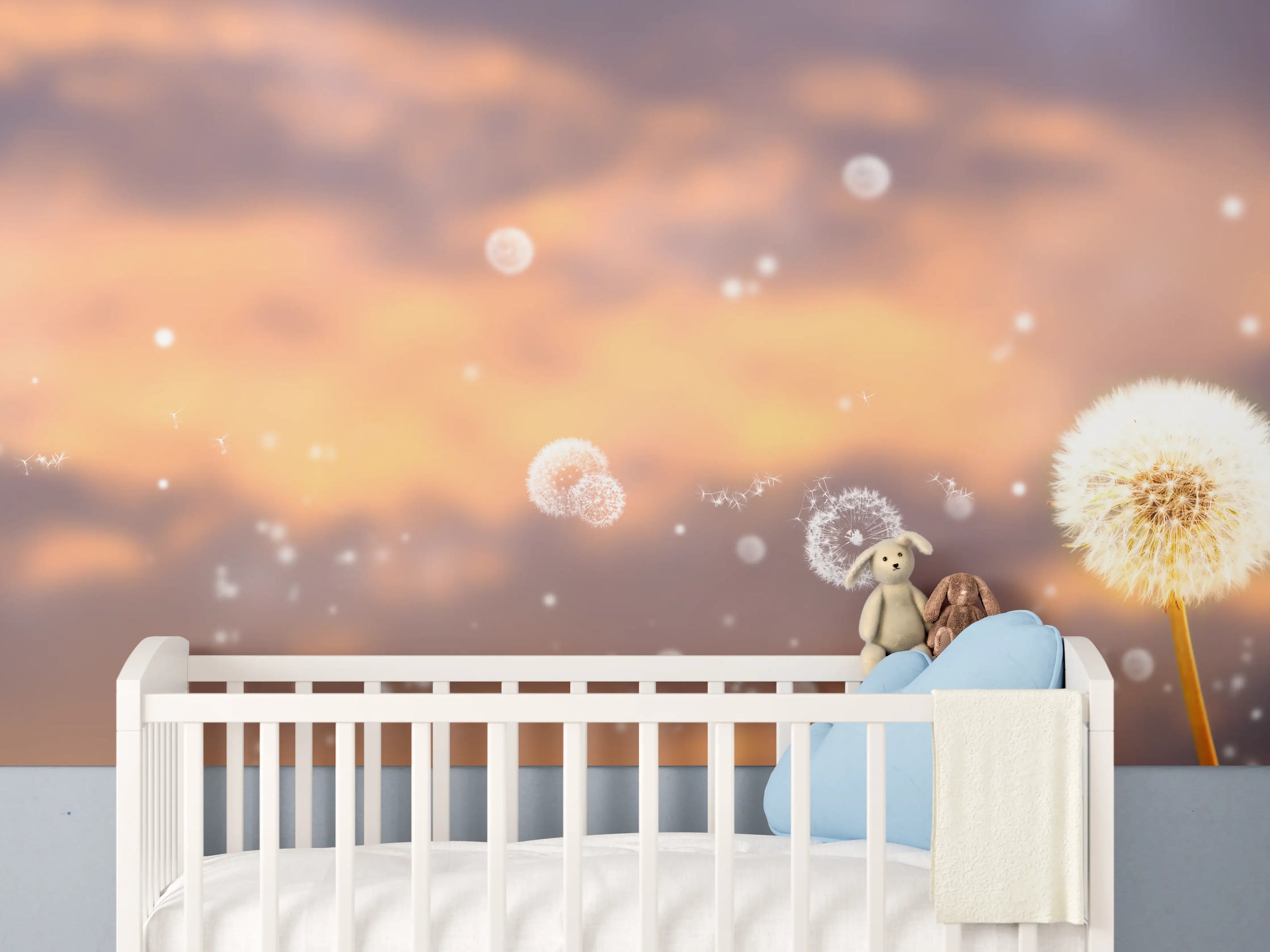 Babyzimmer Wandgestaltung - blütenstaub von pusteblumen in der abendsonne