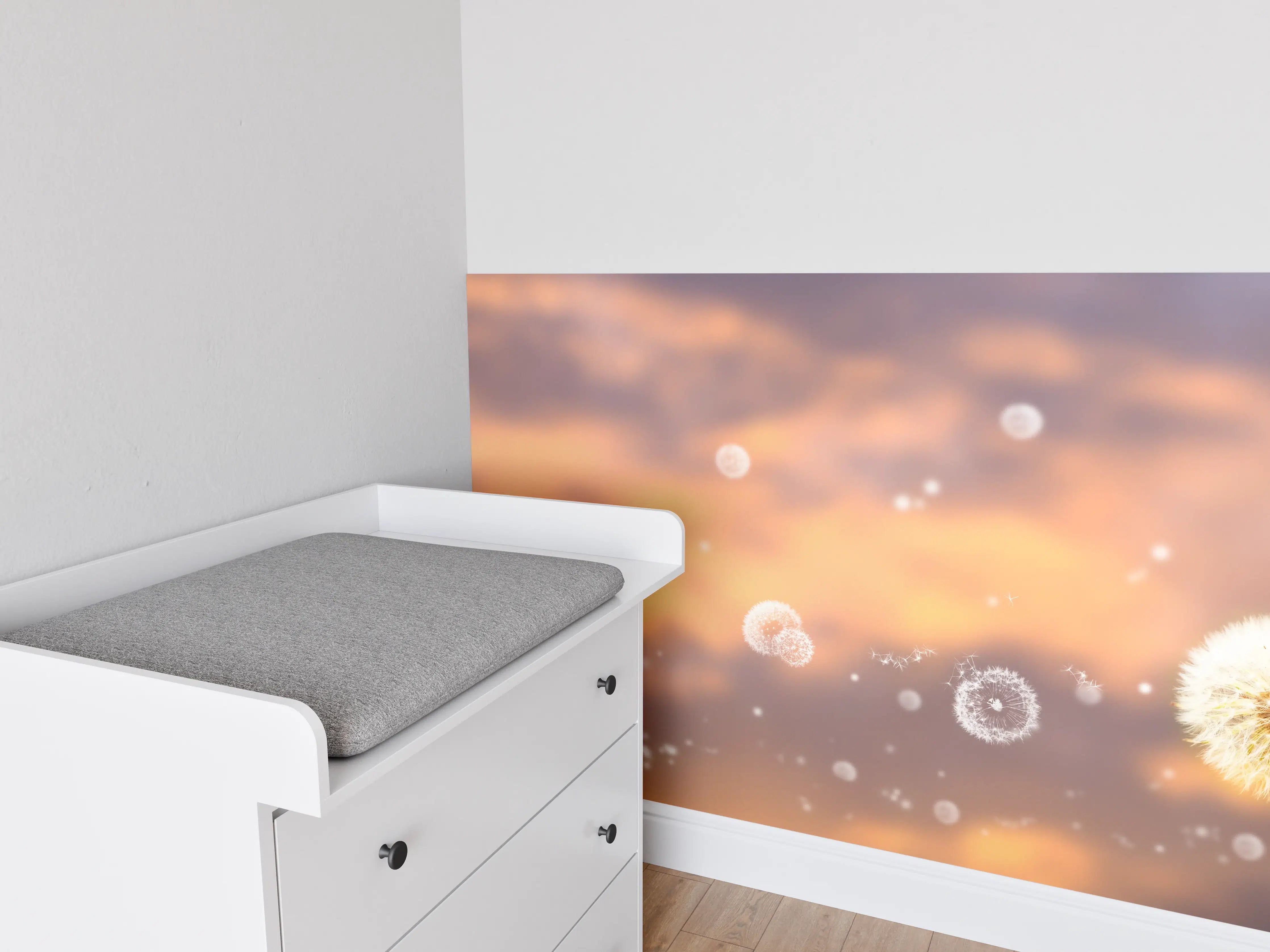 Babyzimmer Wandgestaltung - blütenstaub von pusteblumen in der abendsonne