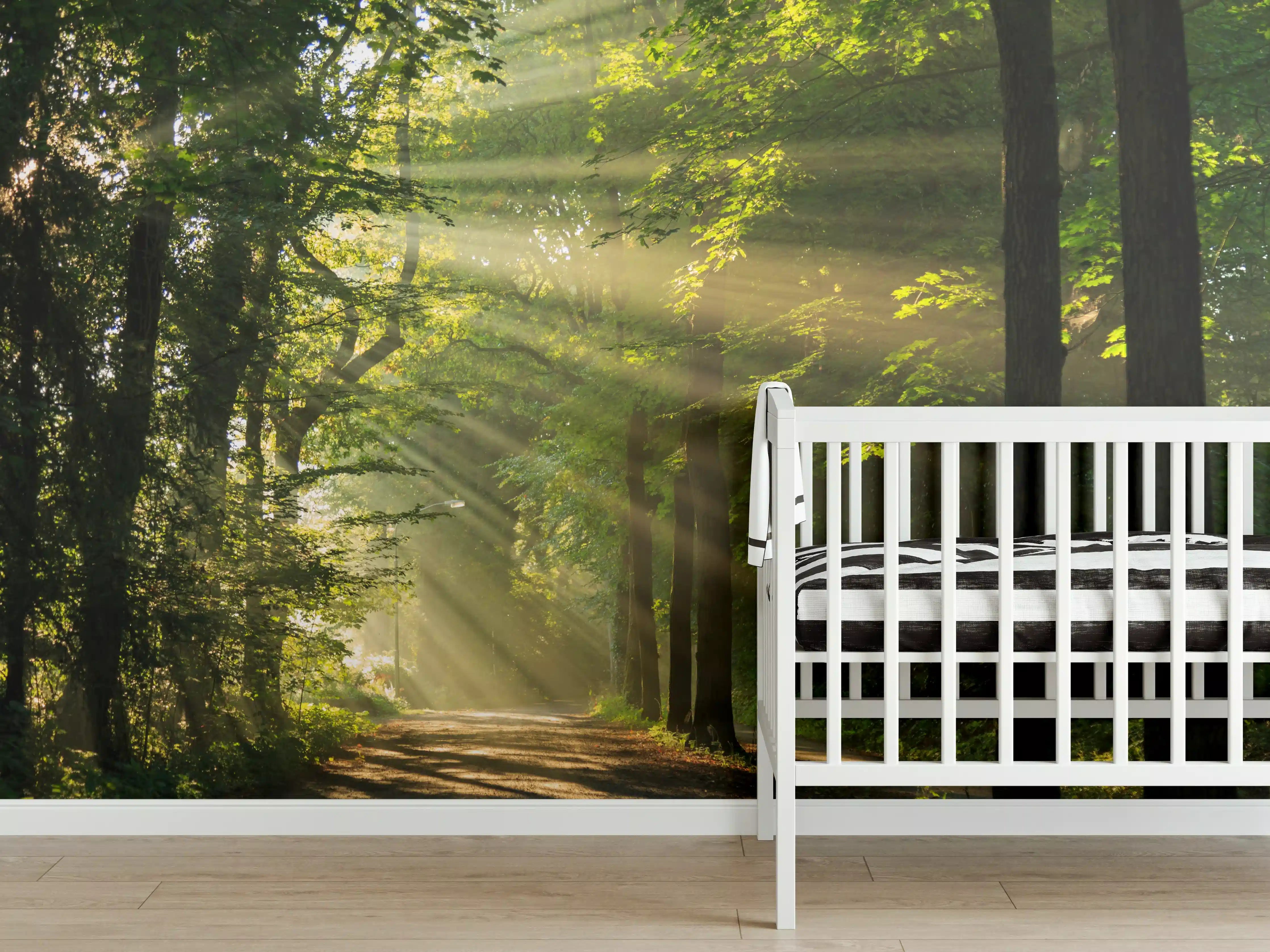 Babyzimmer Wandgestaltung - erleuchtende Sonnenstrahlen in den Wald 