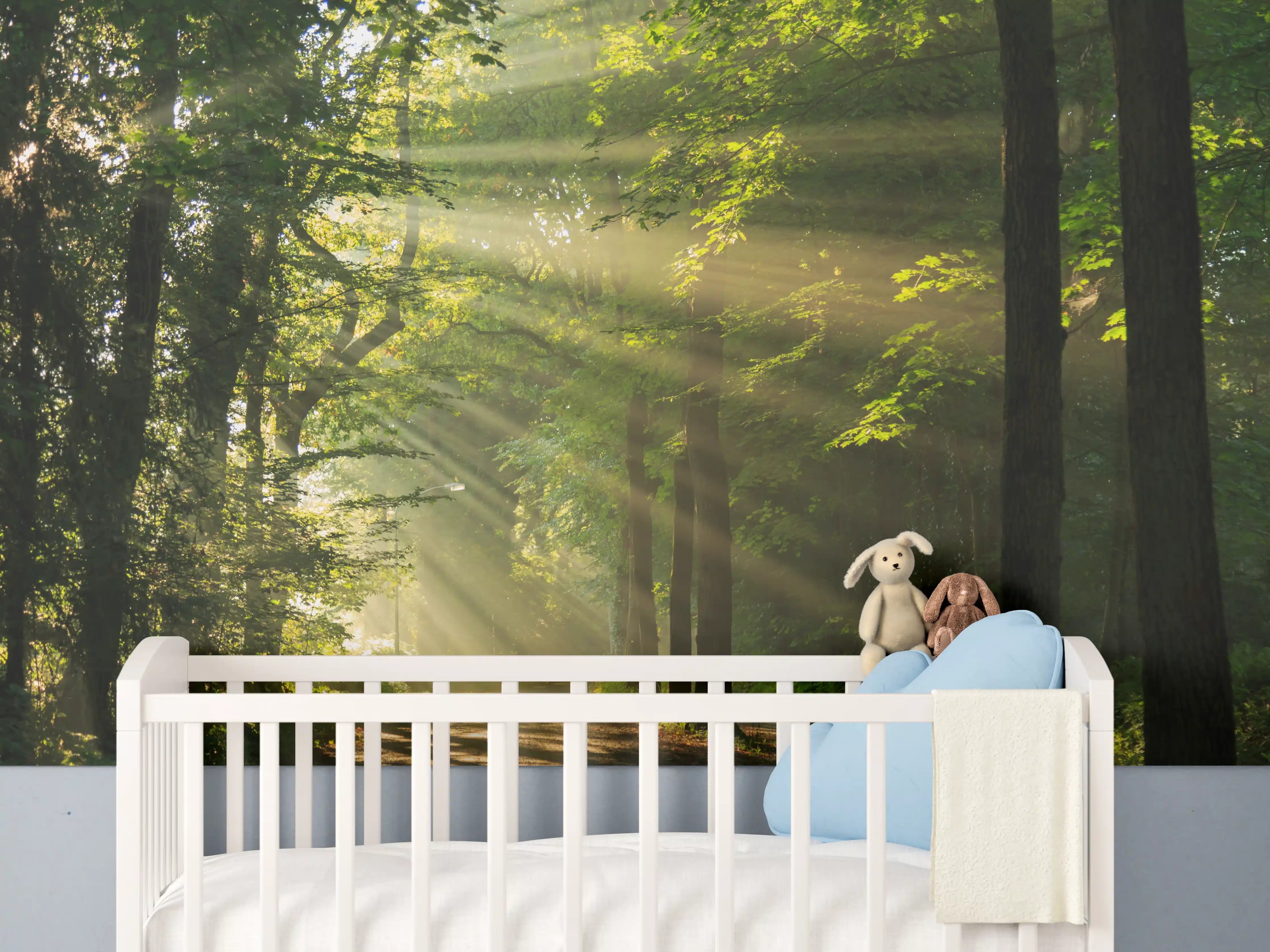 Babyzimmer Wandgestaltung - erleuchtende Sonnenstrahlen in den Wald 