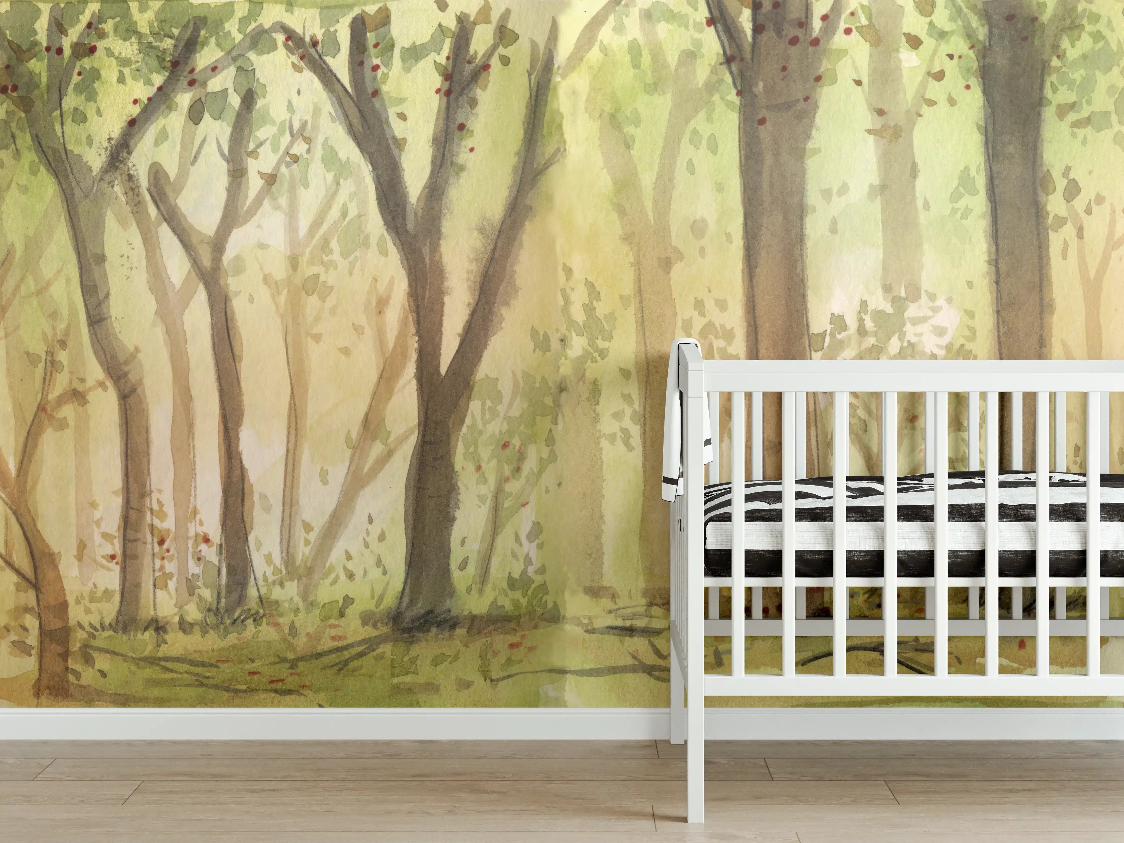 Babyzimmer Wandgestaltung - heller Aquarell Wald 