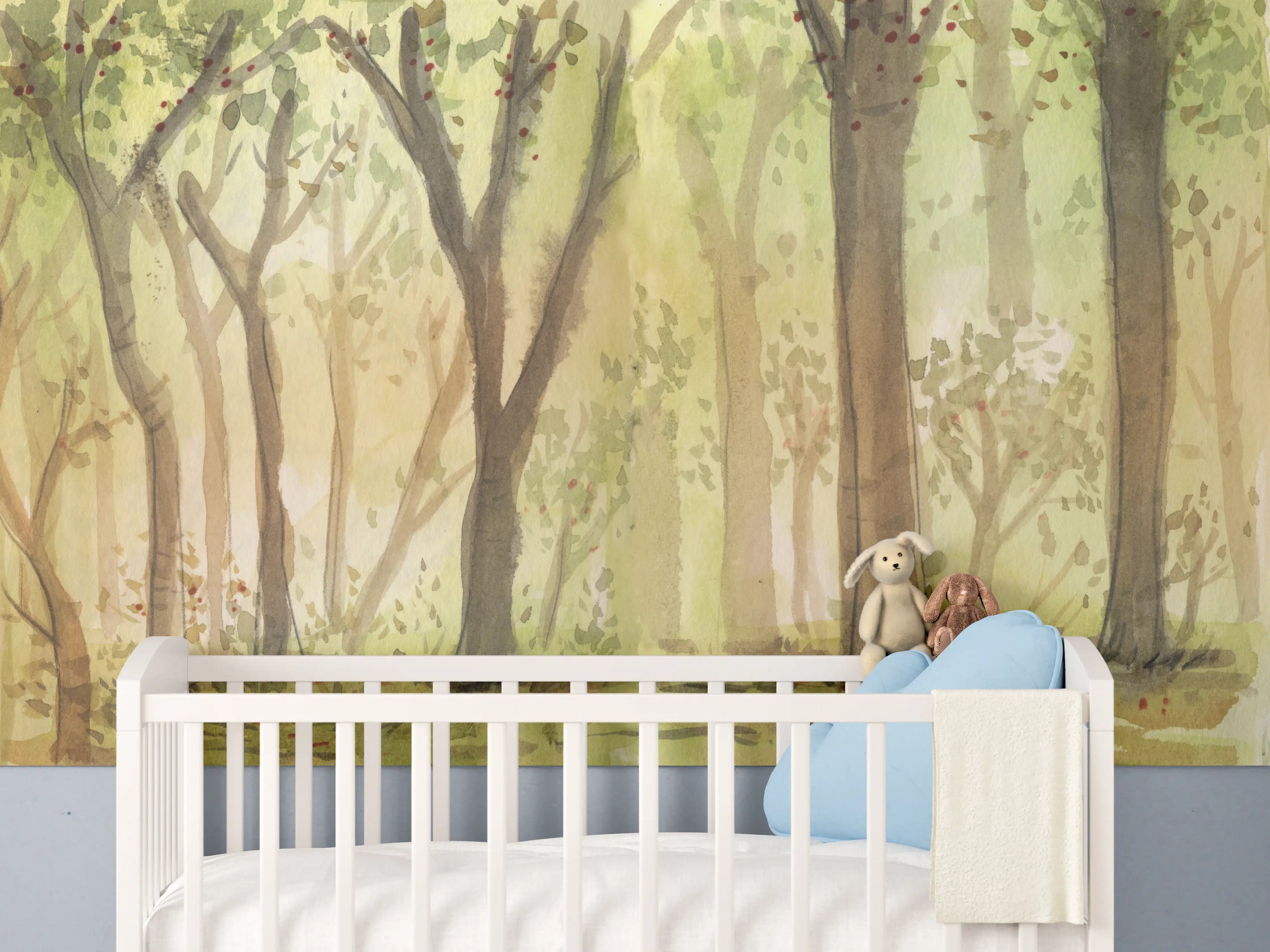 Babyzimmer Wandgestaltung - heller Aquarell Wald 