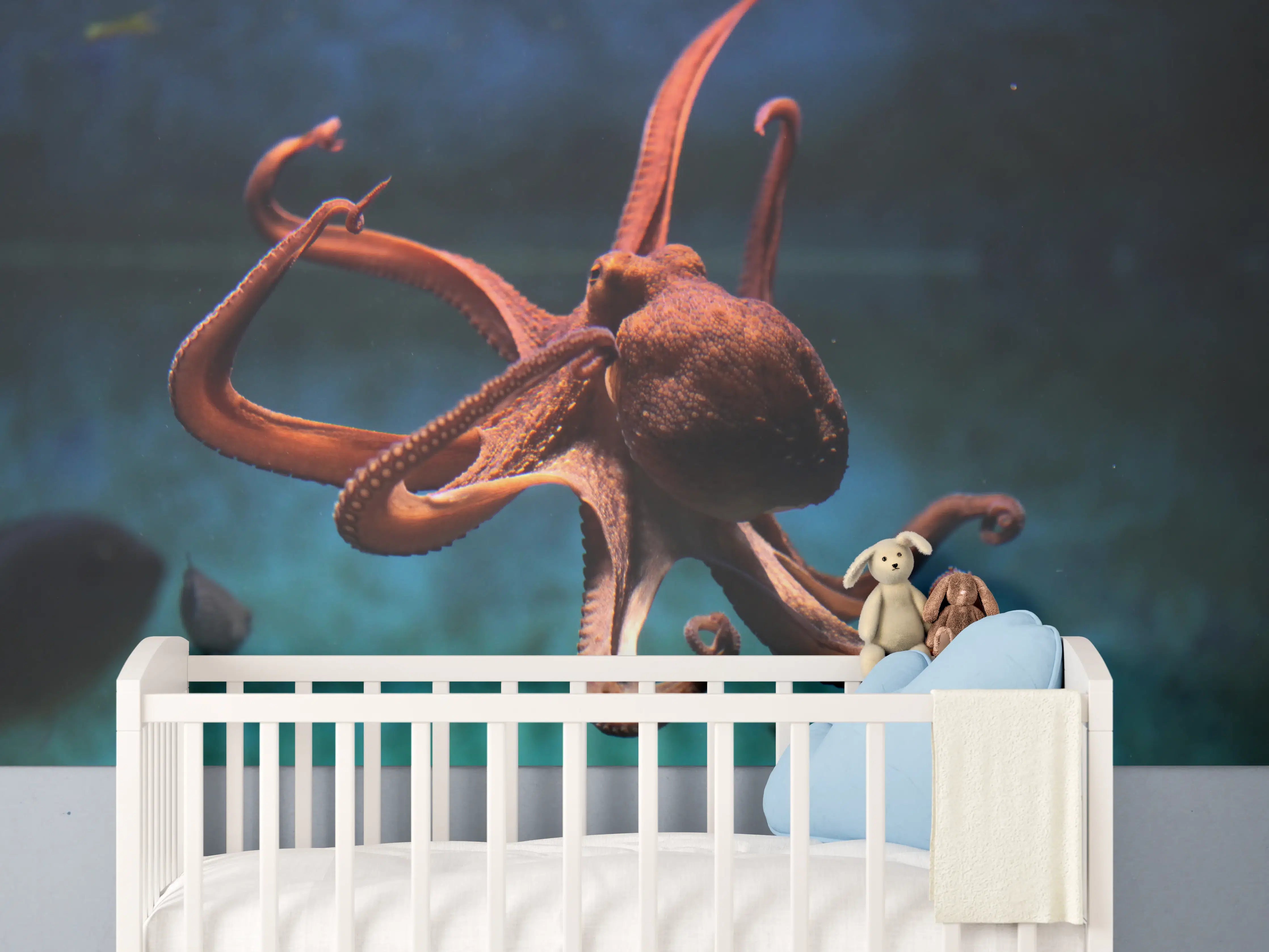 Babyzimmer Wandgestaltung - rötlicher Oktopus Unterwasser 