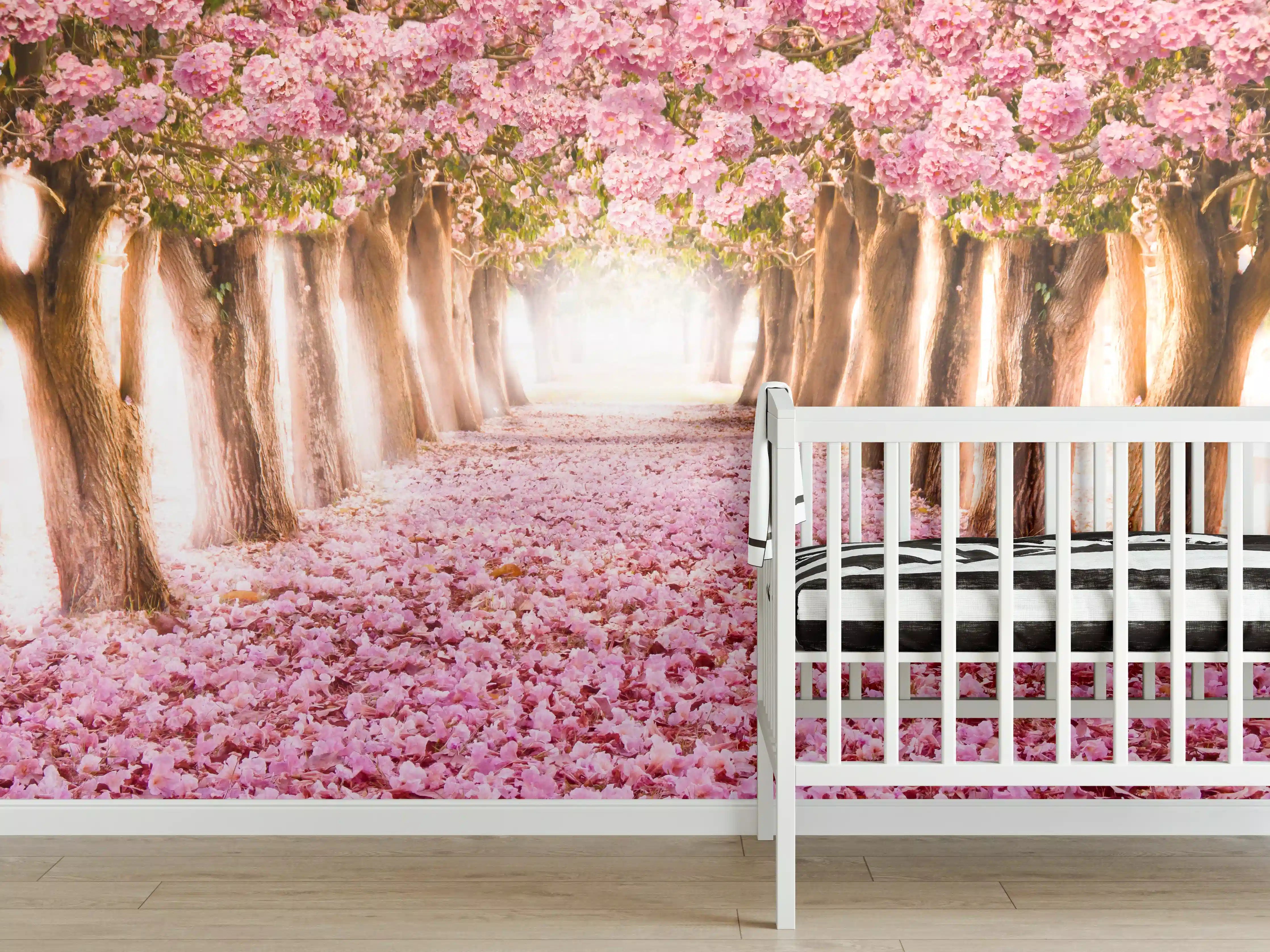 Babyzimmer Wandgestaltung - romantischer Weg aus Blüten im Wald 