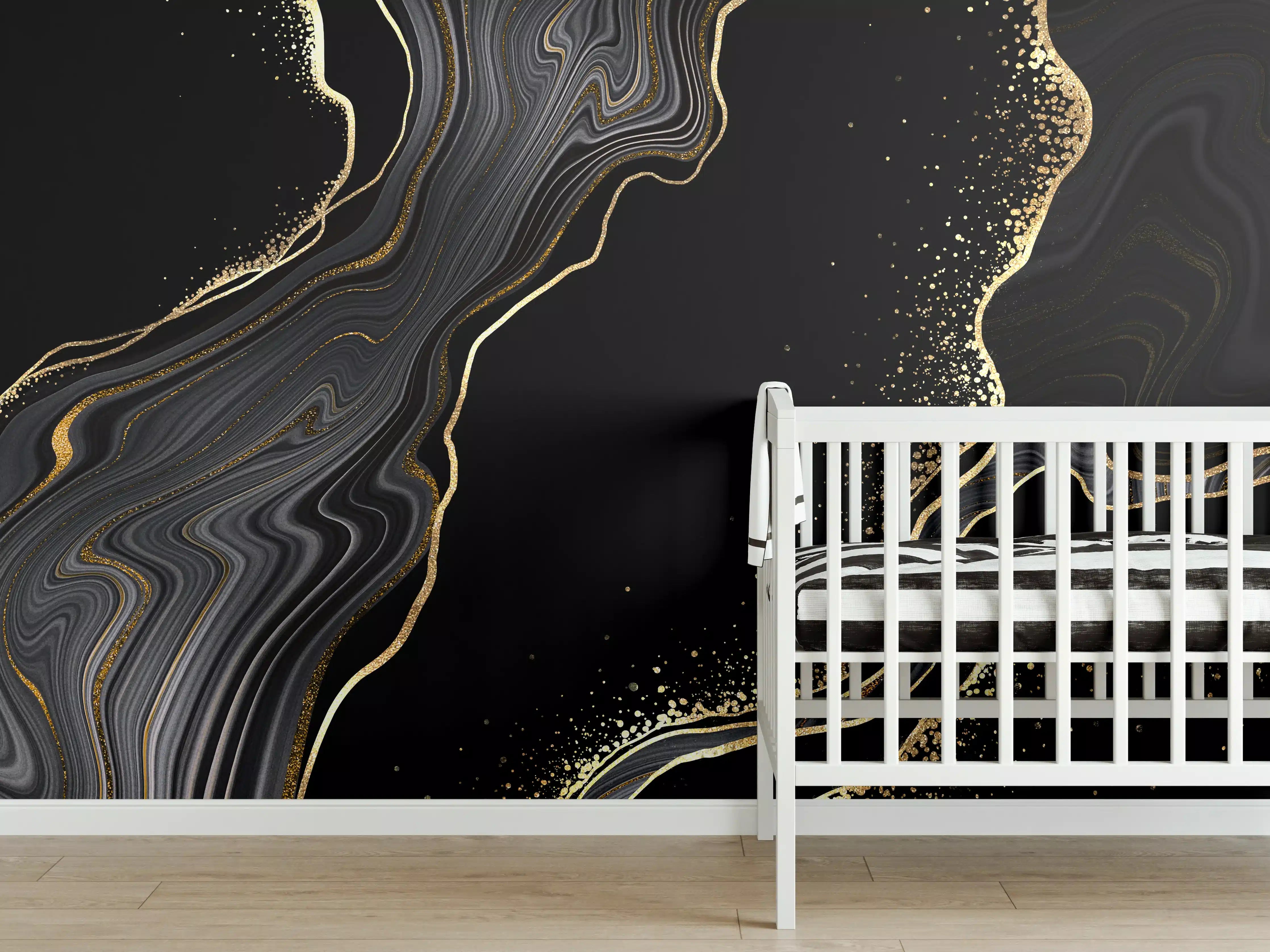 Babyzimmer Wandgestaltung - schwarzer Achat Hintergrund mit goldenen Adern