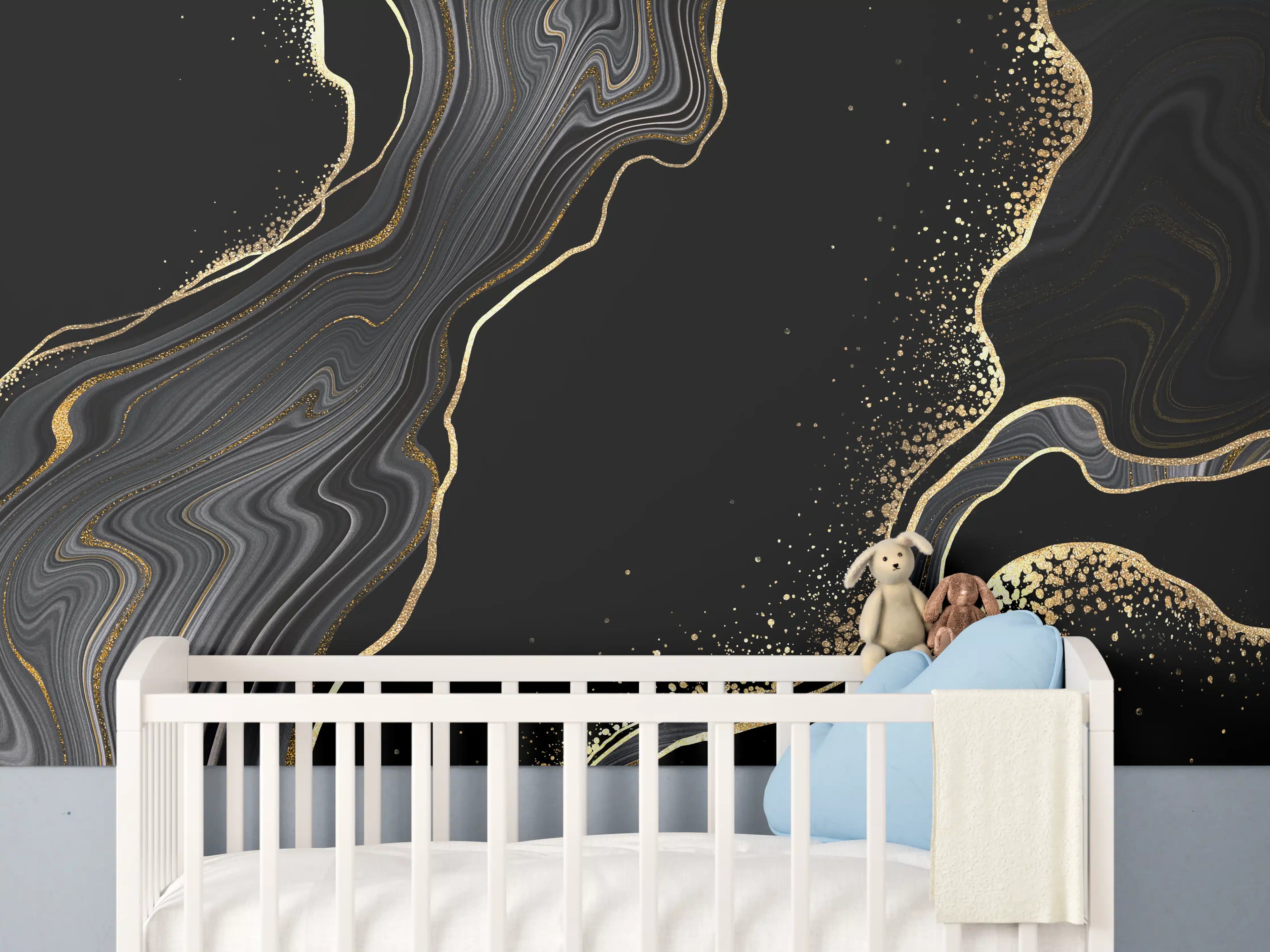 Babyzimmer Wandgestaltung - schwarzer Achat Hintergrund mit goldenen Adern