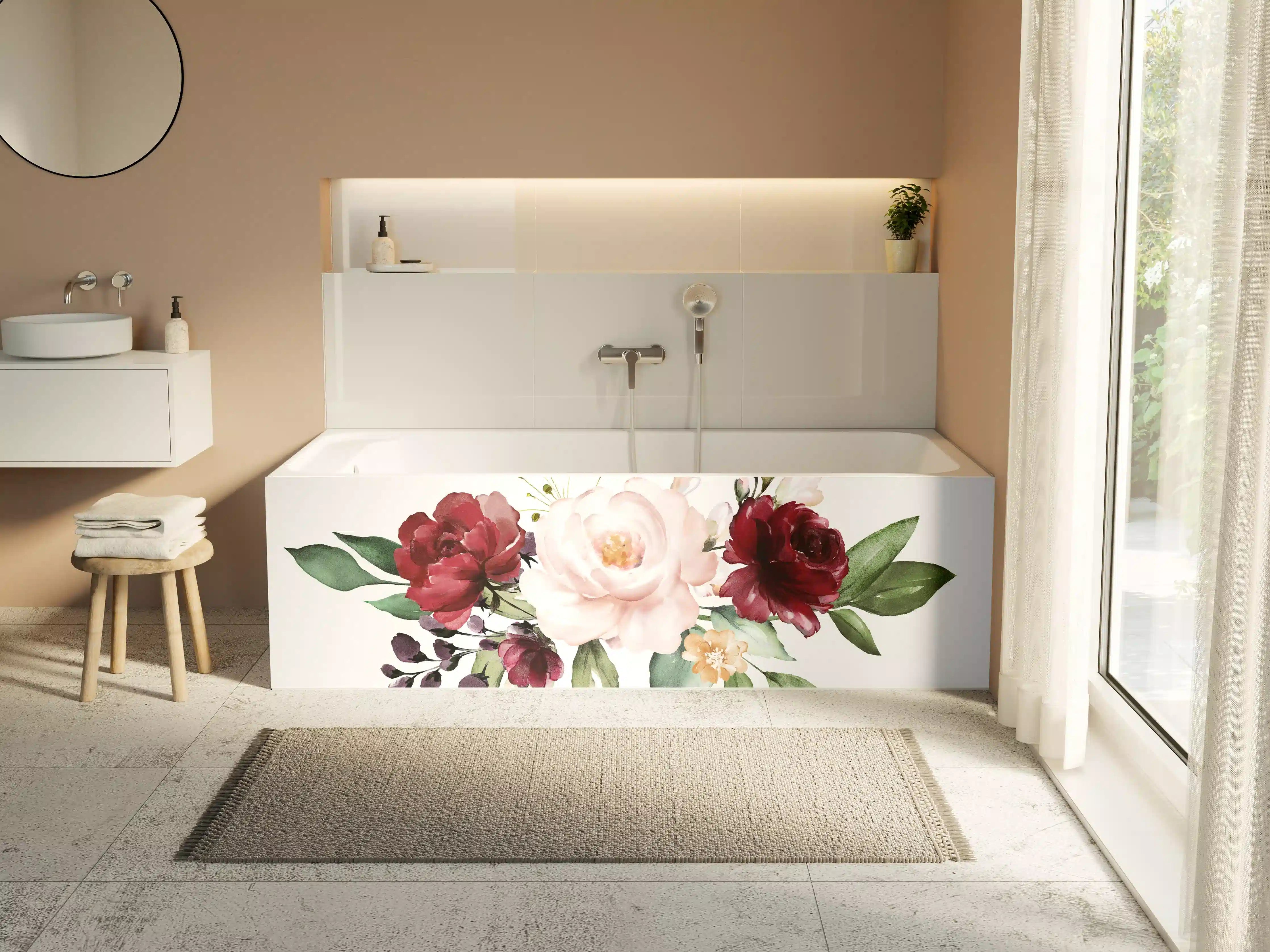 Badewannen-Rückwand -  Aquarell bordeauxfarbene Blumen
