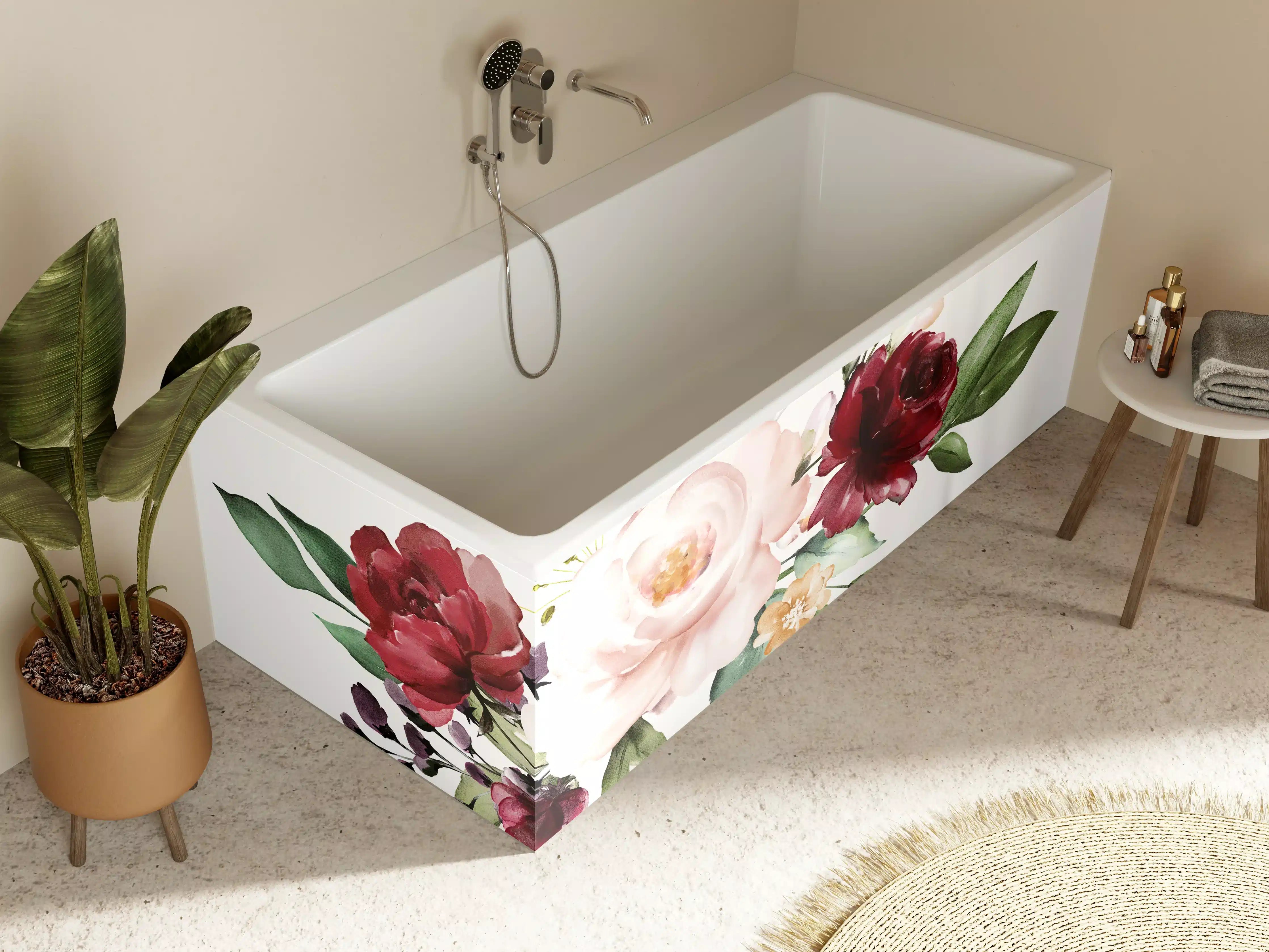 Badewannen-Rückwand -  Aquarell bordeauxfarbene Blumen