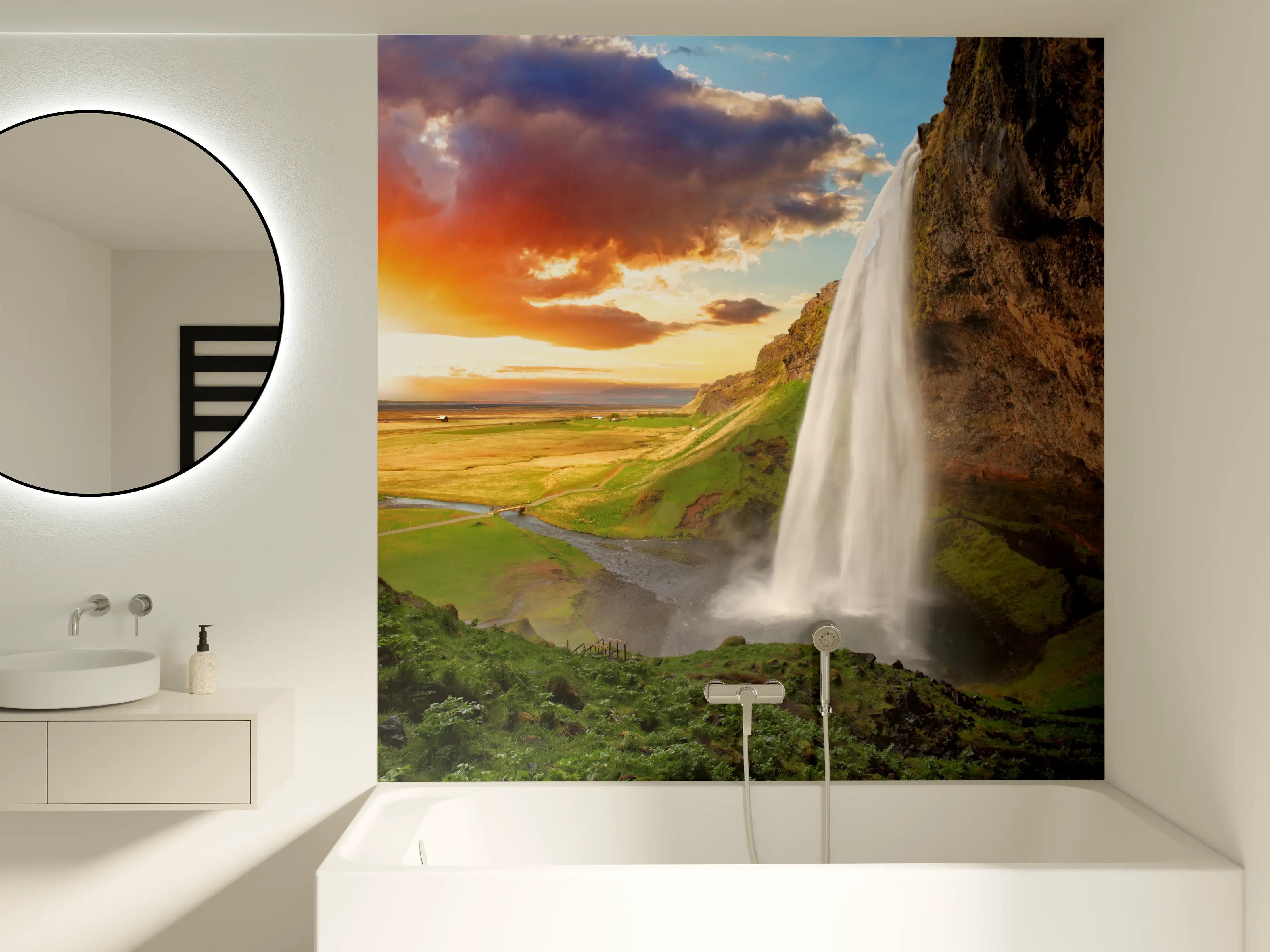 Badewannen-Rückwand -  Seljalandsfoss Wasserfall bei Sonnenuntergang