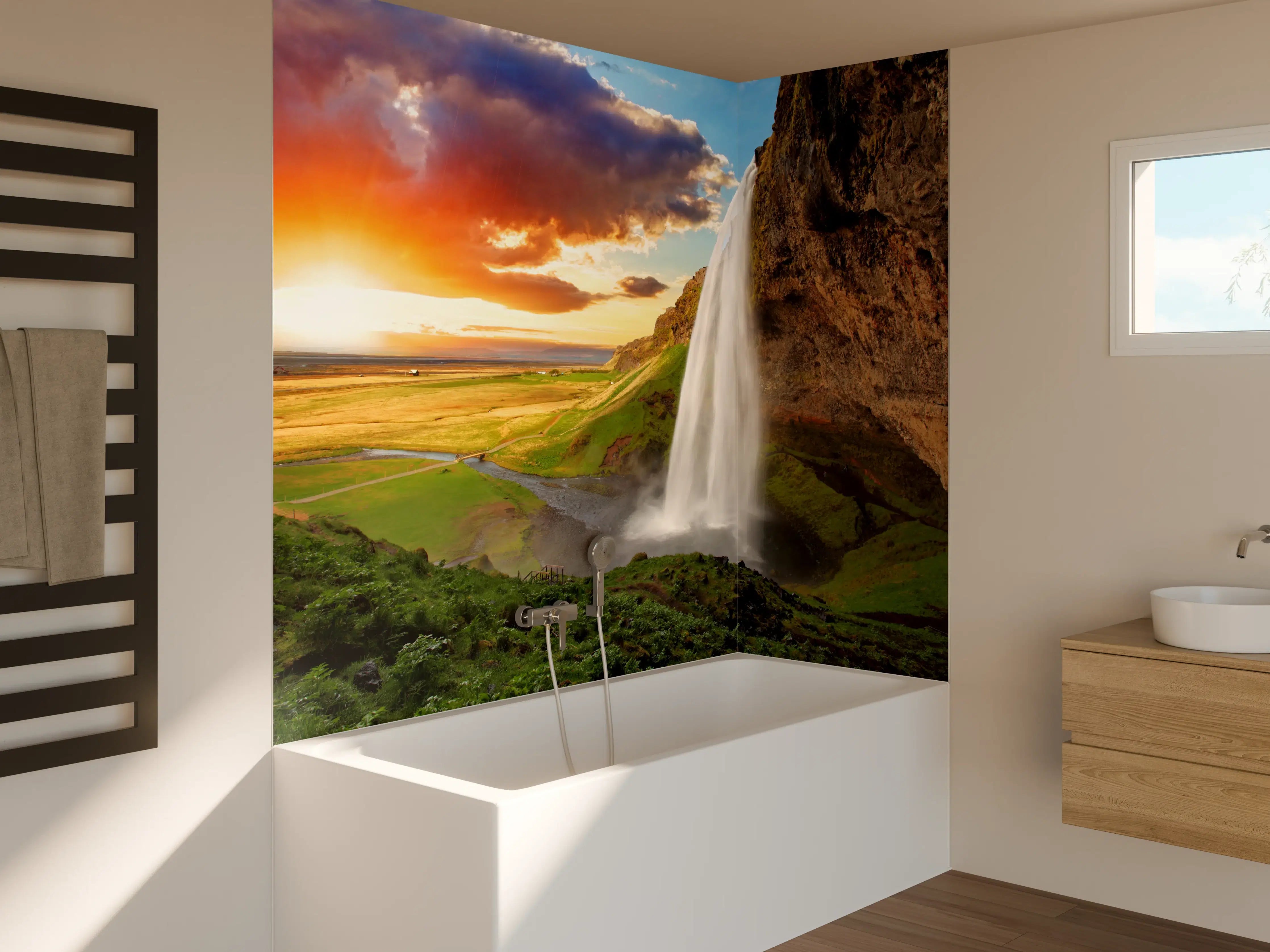 Badewannen-Rückwand -  Seljalandsfoss Wasserfall bei Sonnenuntergang