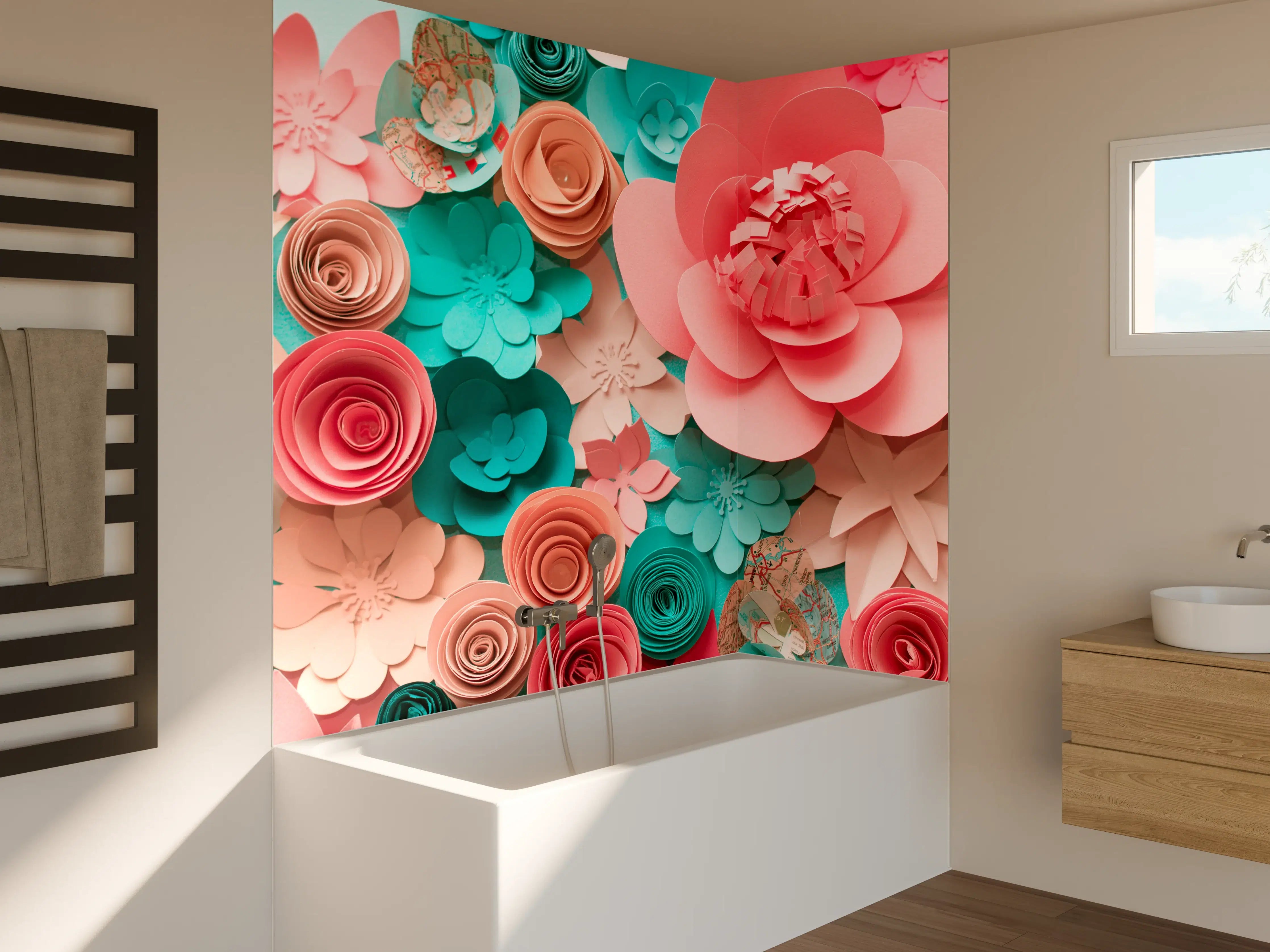 Badewannen-Rückwand -  bunte Papier Blumen Komposition