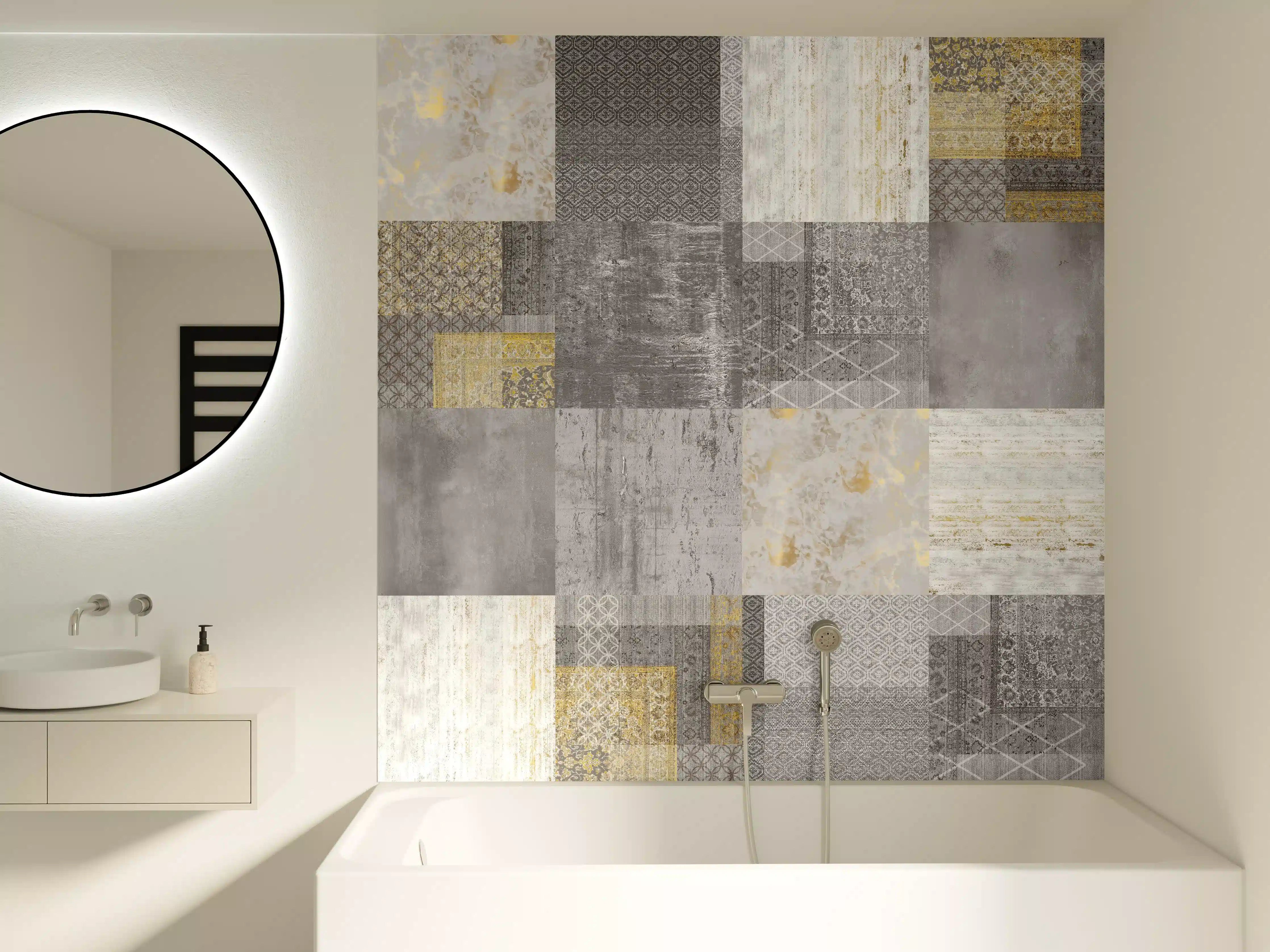 Badewannen-Rückwand -  gräulich gelbes Patchwork