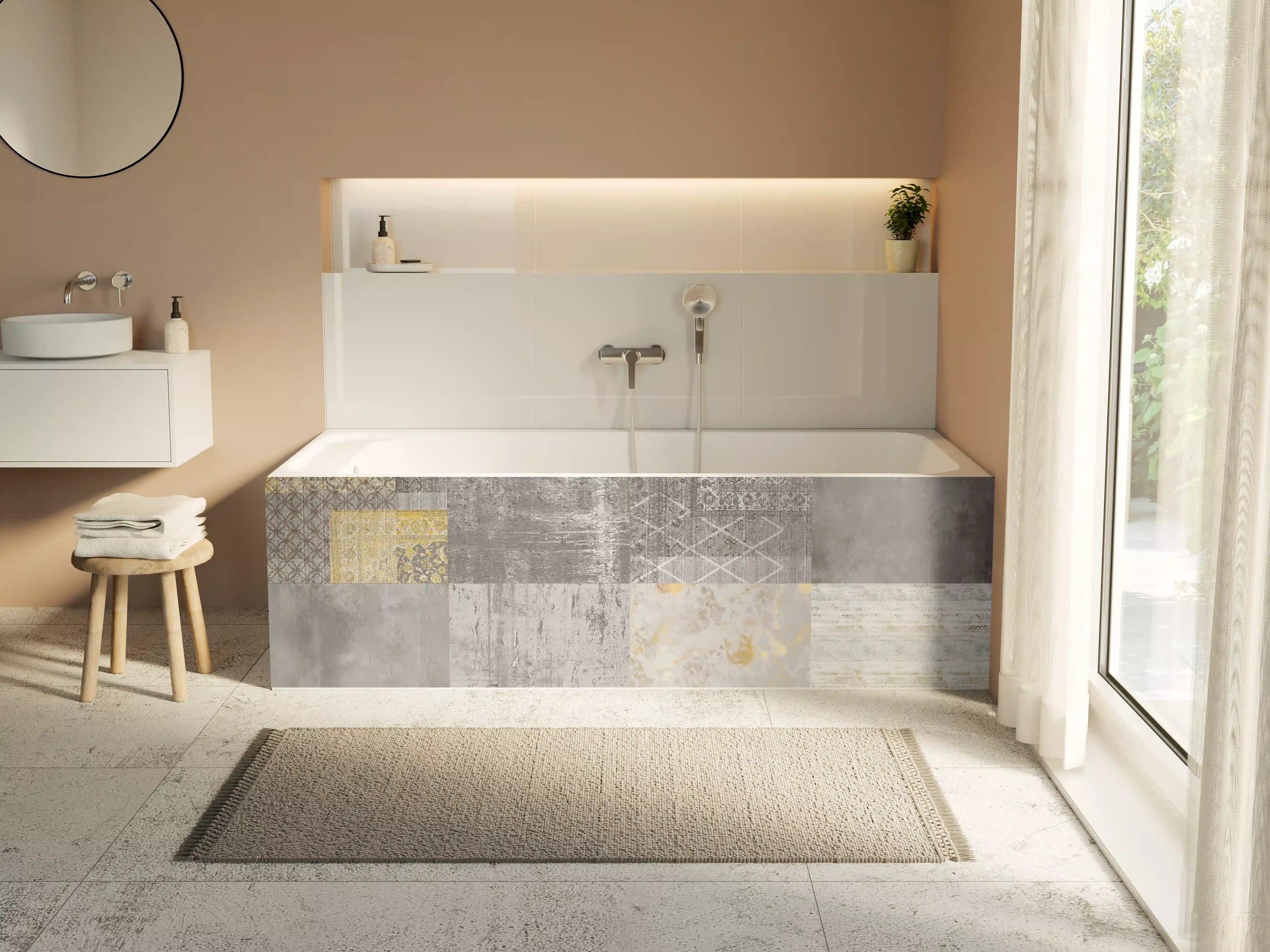 Badewannen-Rückwand -  gräulich gelbes Patchwork