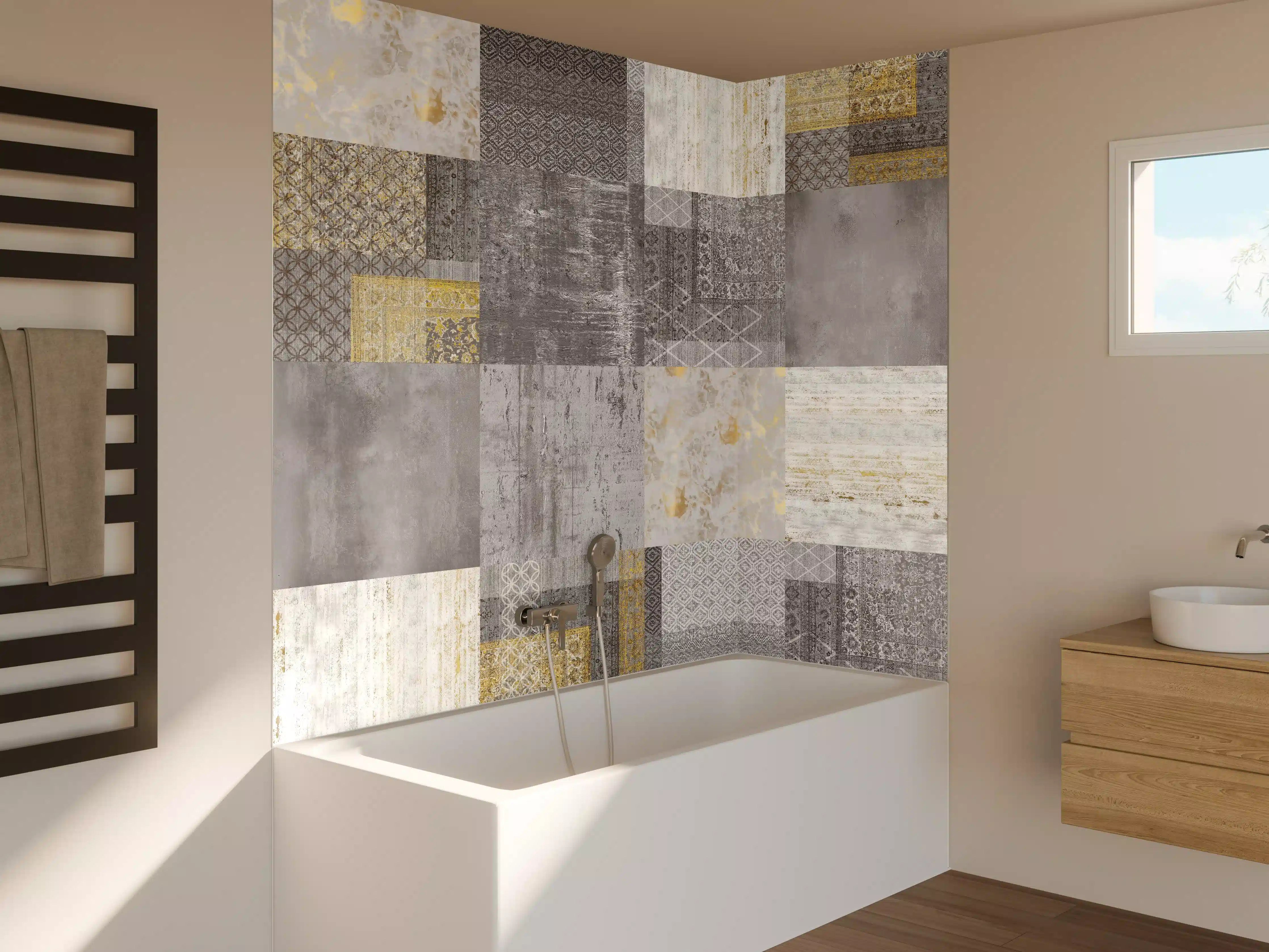 Badewannen-Rückwand -  gräulich gelbes Patchwork