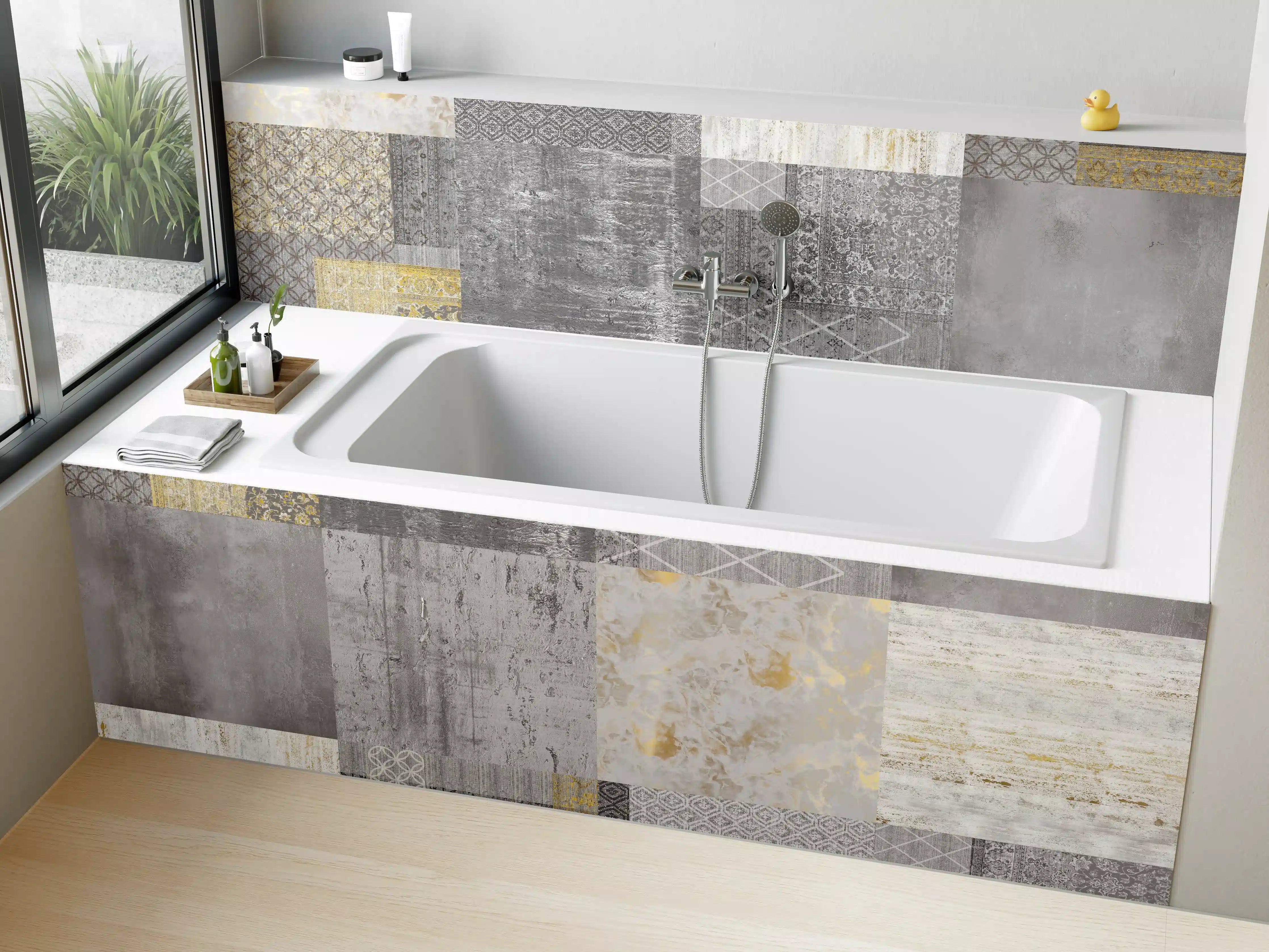 Badewannen-Rückwand -  gräulich gelbes Patchwork