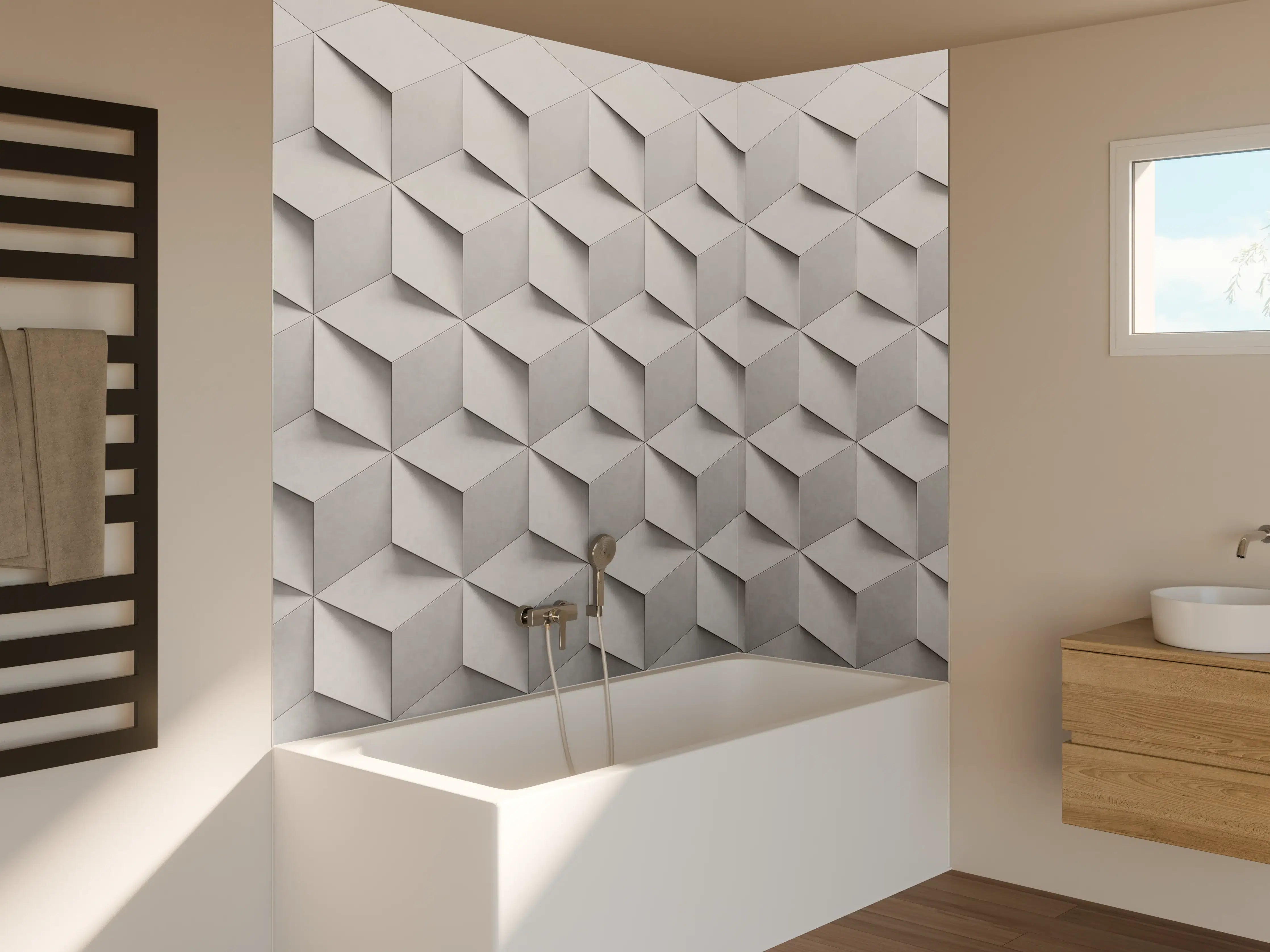 Badewannen-Rückwand - 3D-Weiß-Grau-Wandtextur