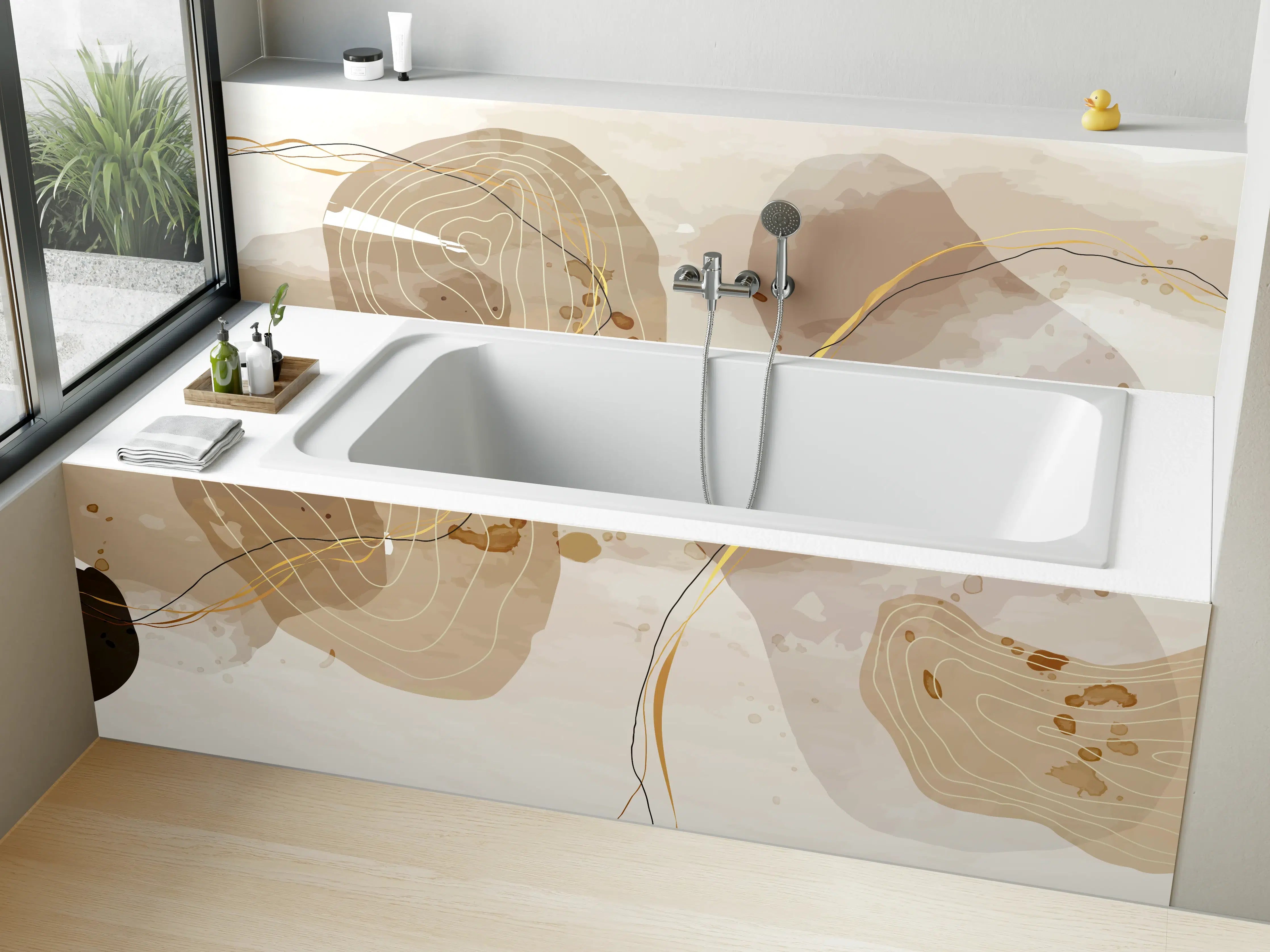 Badewannen-Rückwand - Abstrakte Beige-Braune Linienkunst