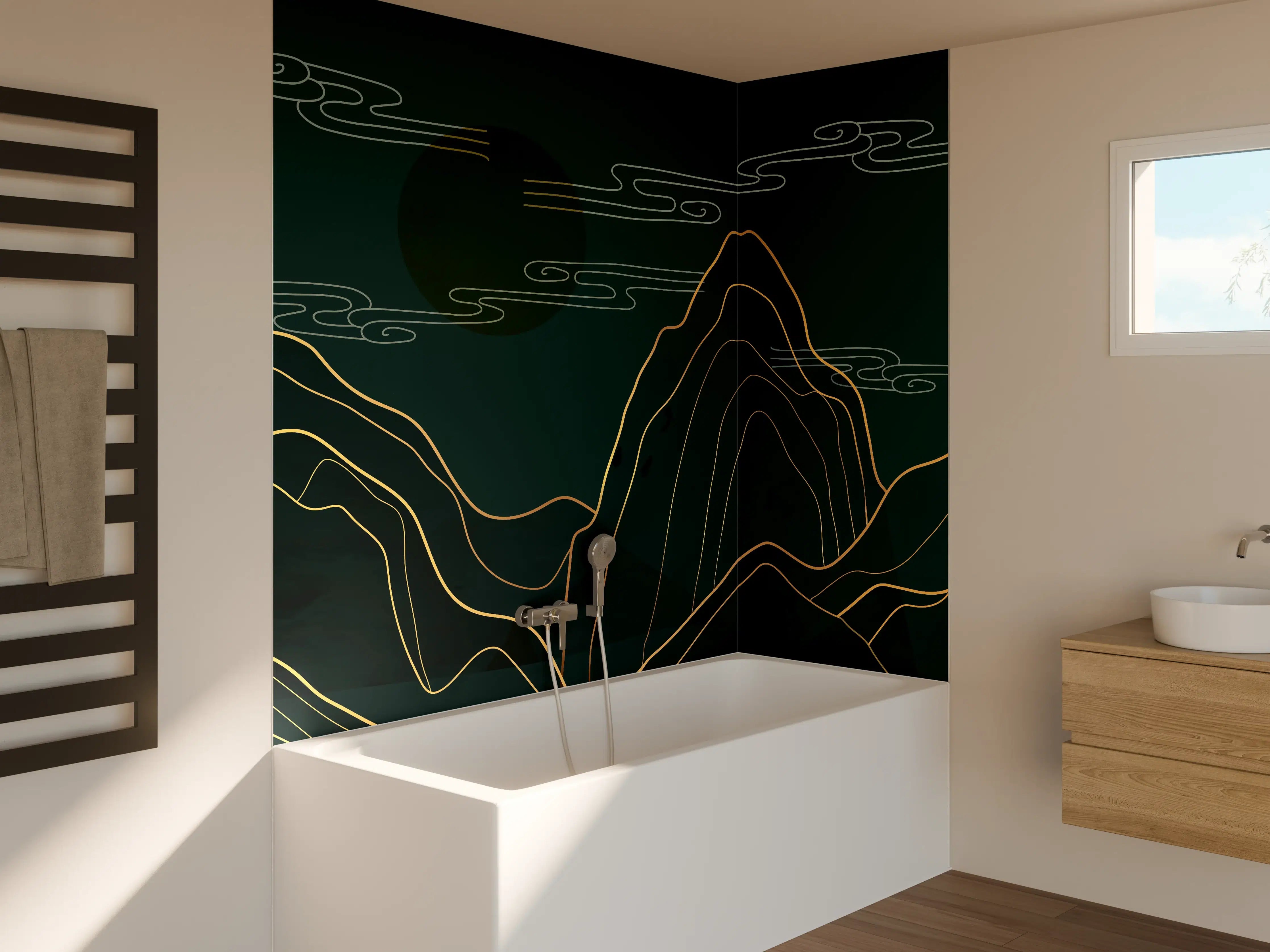Badewannen-Rückwand - Abstrakte Berglandschaft Linienkunst