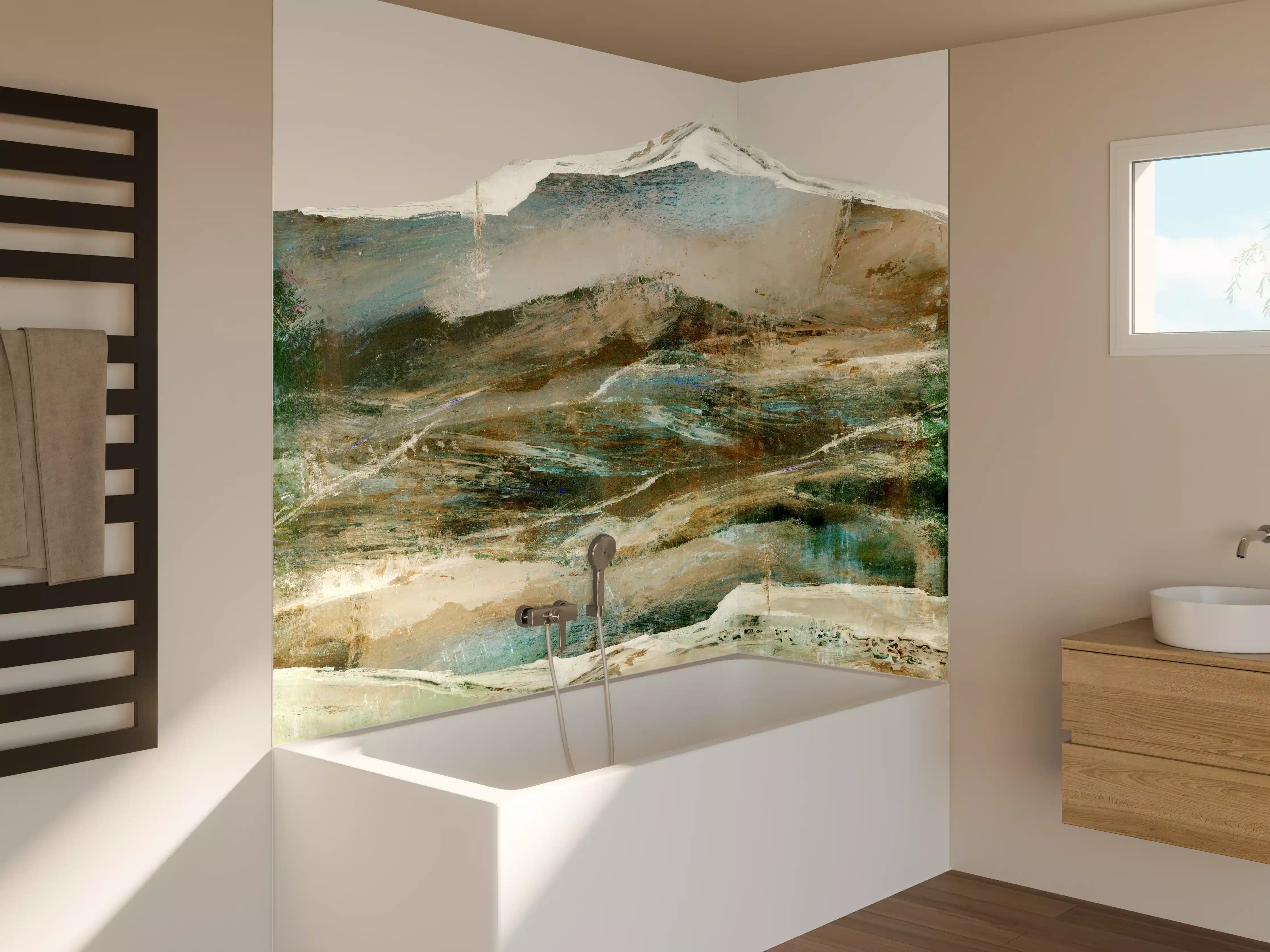 Badewannen-Rückwand - Abstrakte Berglandschaft Pastelltöne