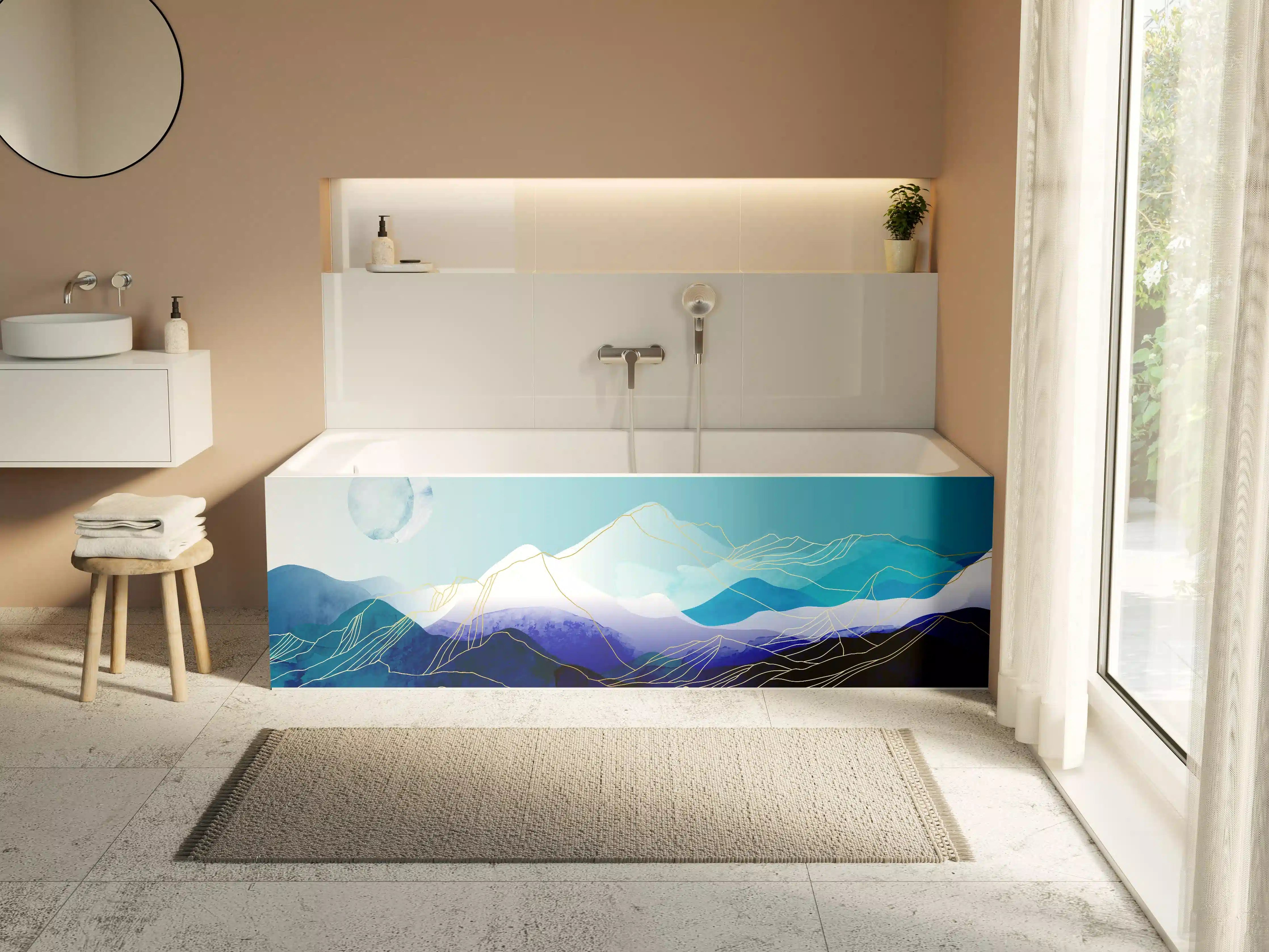 Badewannen-Rückwand - Abstrakte Berglandschaft in Blautönen
