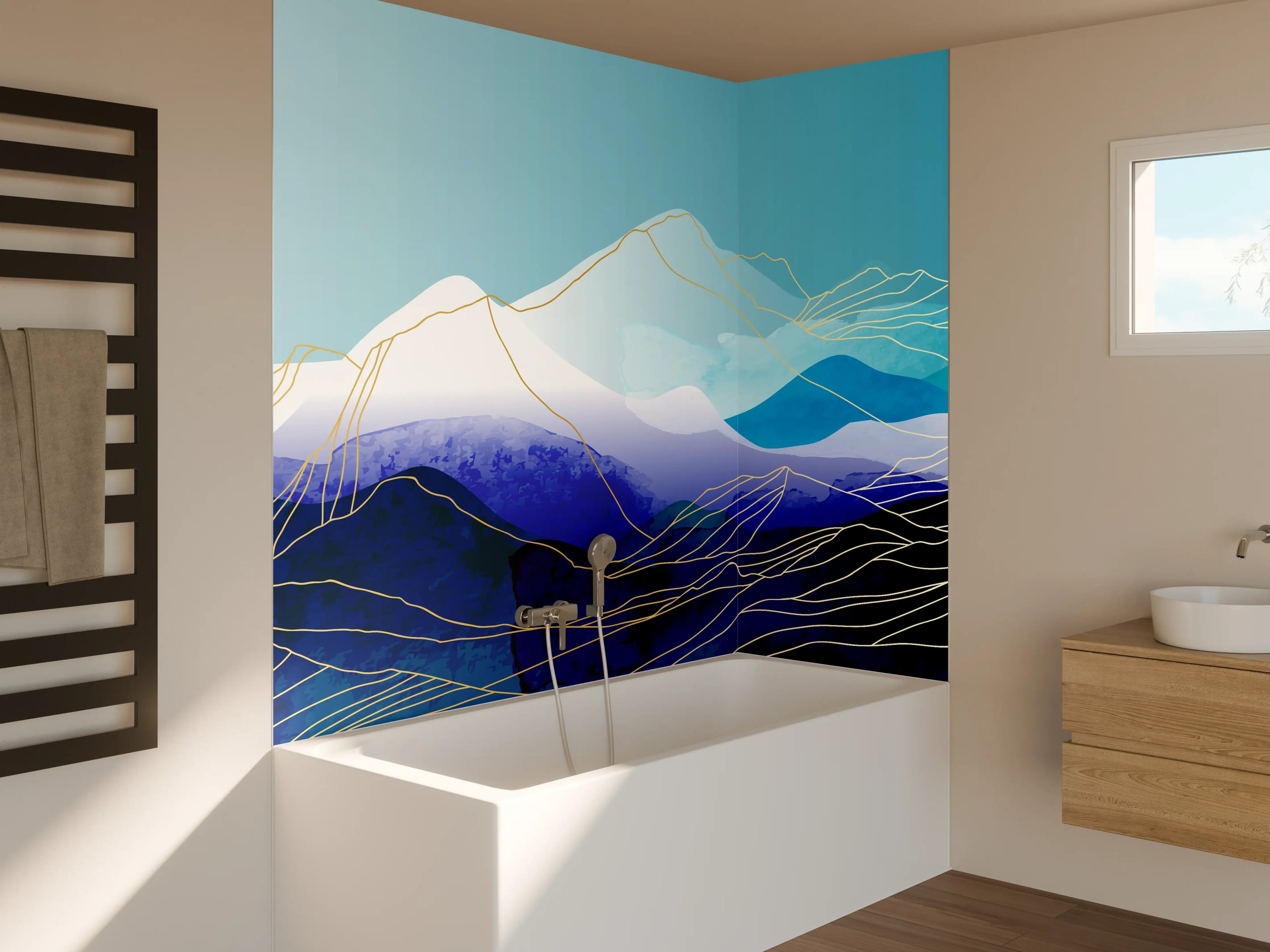 Badewannen-Rückwand - Abstrakte Berglandschaft in Blautönen